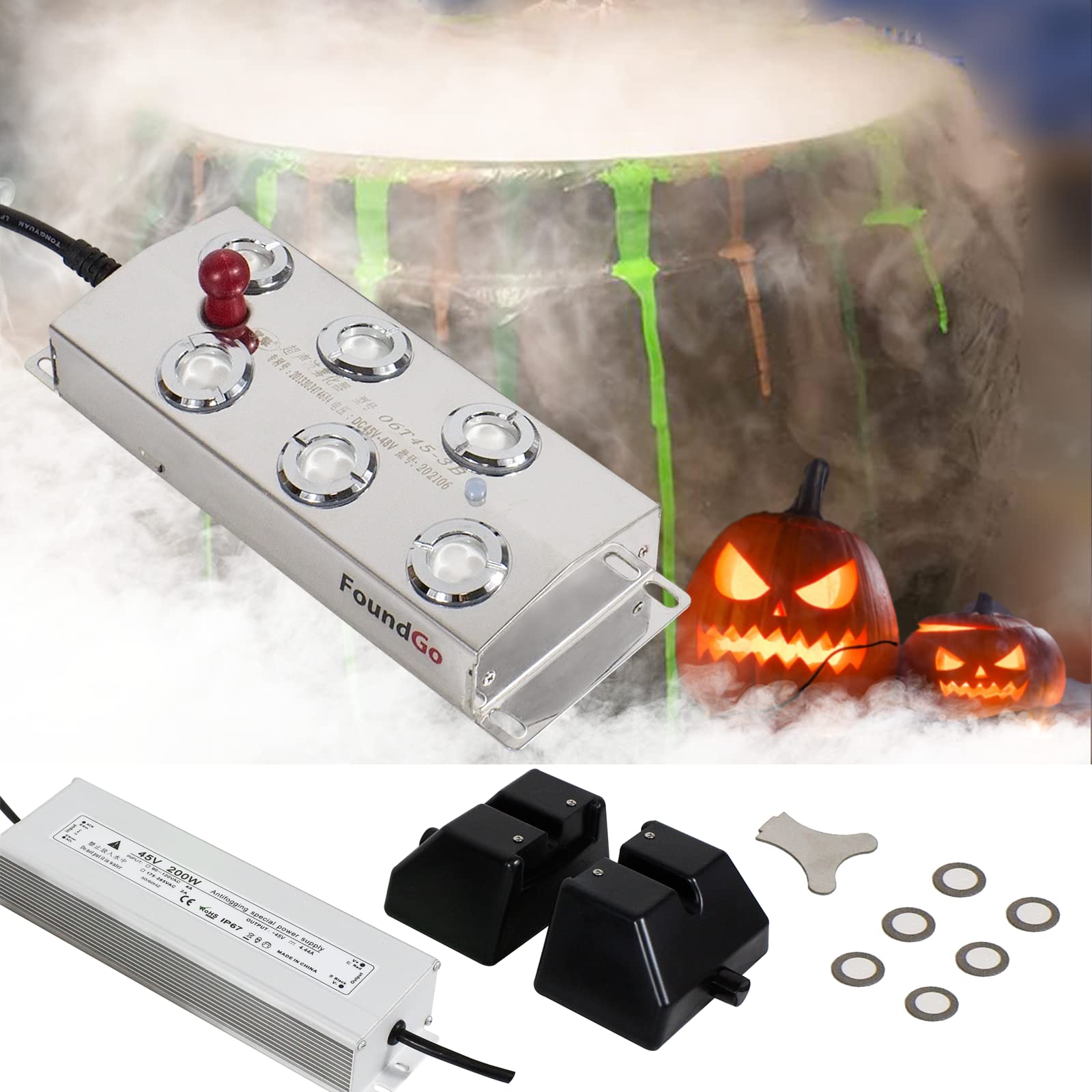 FoundGo 250W Ultrasonic Fog Maker Fogger Machine - 6 Head Mist Maker for Water Fountain, Pond, Aquarium | Includes Buoy, Power Adapter & 6 Replacement Discs | Perfect for Indoor/Outdoor Decoration, Hydroponics & Relaxation