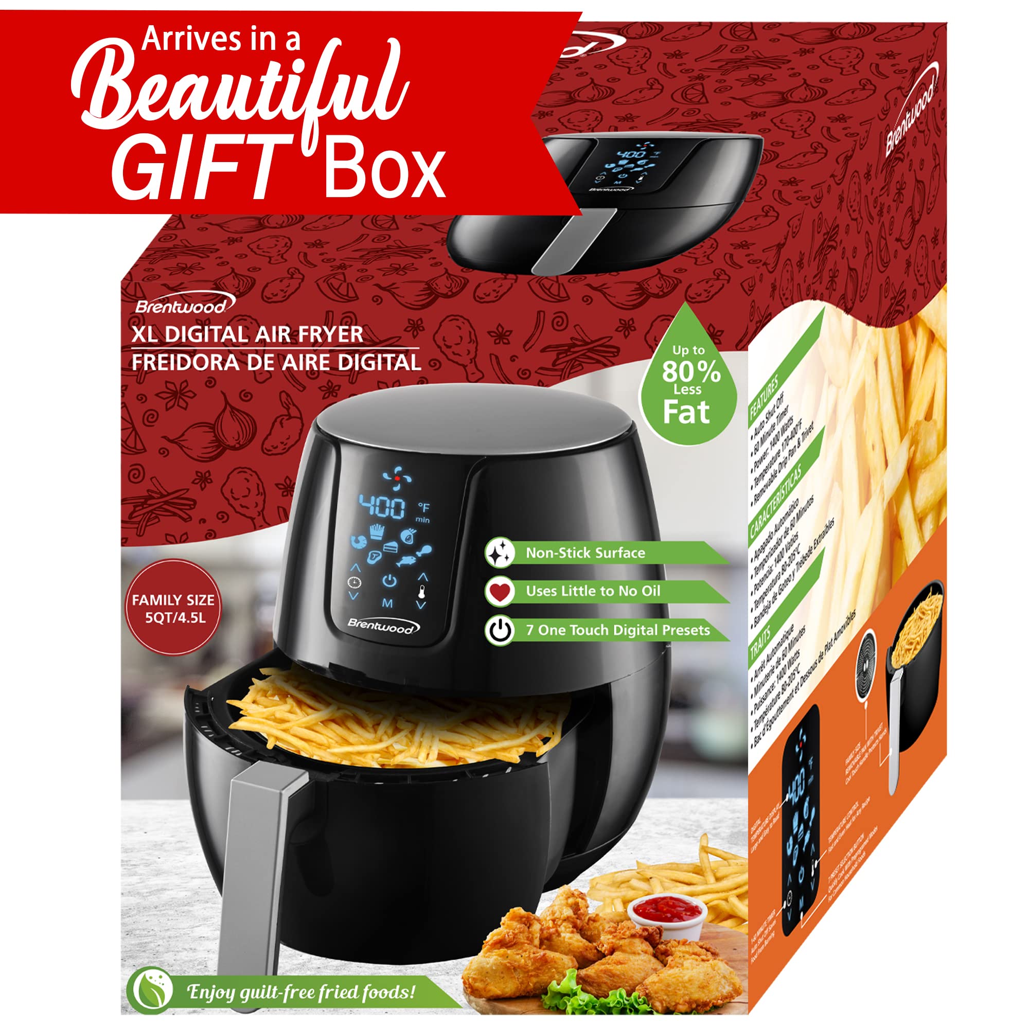Brentwood AF-500DBK 6.5QT Air Fryer with Digital Touchscreen - Healthy Oil-Free Cooking for Family Meals, Snacks & Party Foods - Black (Standard Size)