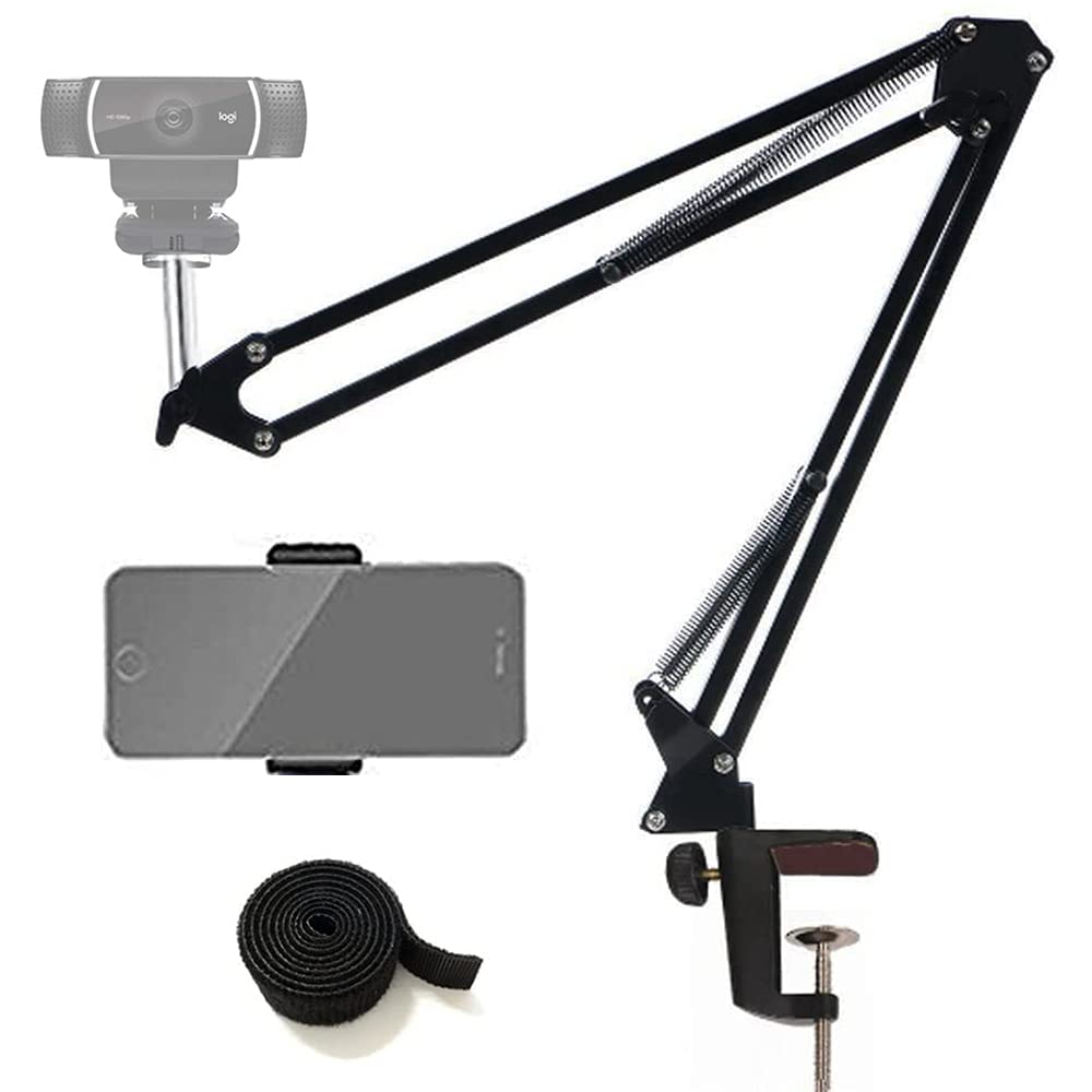 Premium Adjustable Webcam Mount & Phone Holder with Scissor Arm - Universal Tripod Stand for Logitech C920, C930, C922, C615 & 1/4