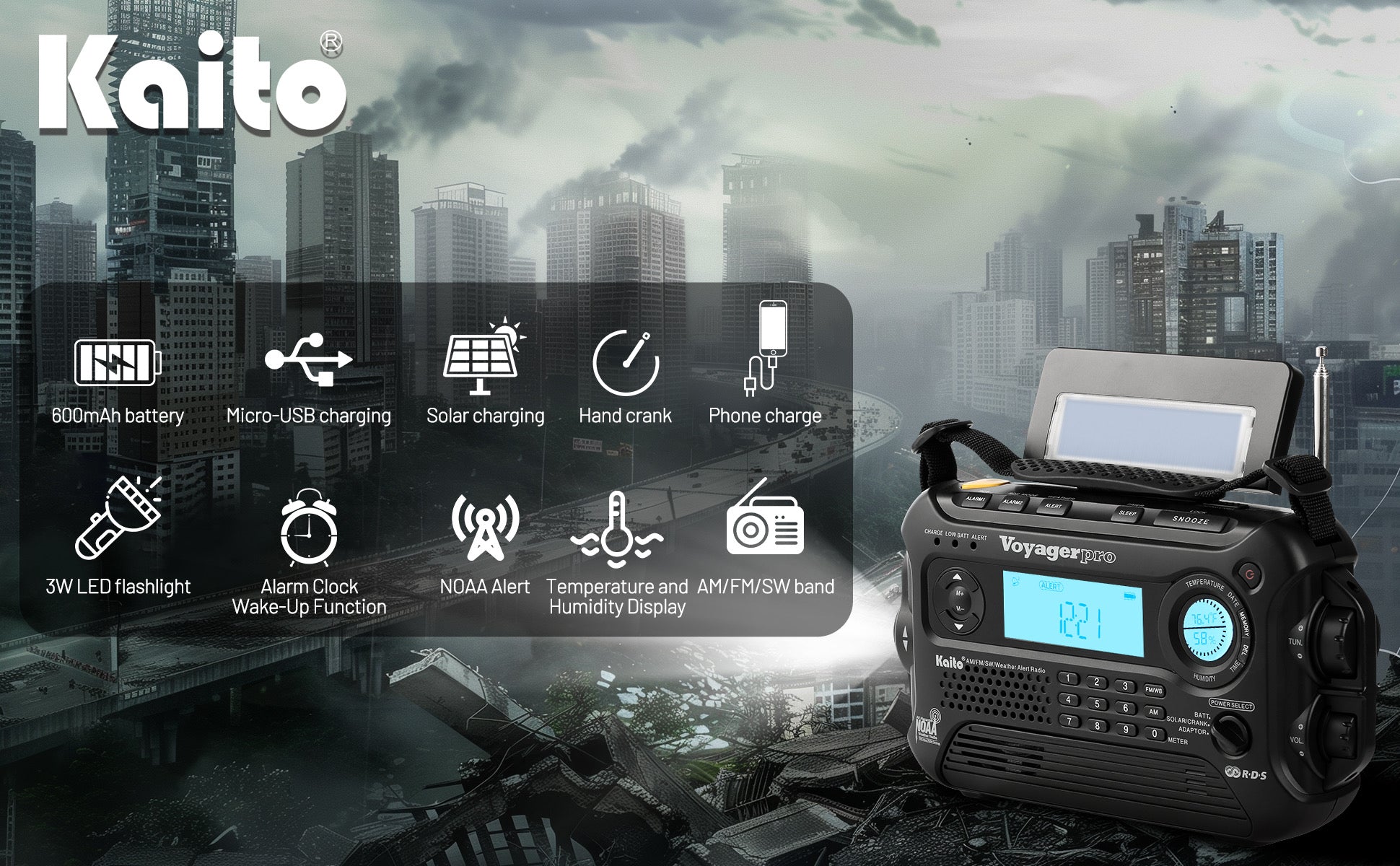 Kaito Voyager Pro KA600 Digital Solar Hand Crank Emergency Radio - AM/FM/LW/SW/NOAA Weather Band with Flashlight & USB Charger - Perfect for Camping, Hiking & Emergency Preparedness