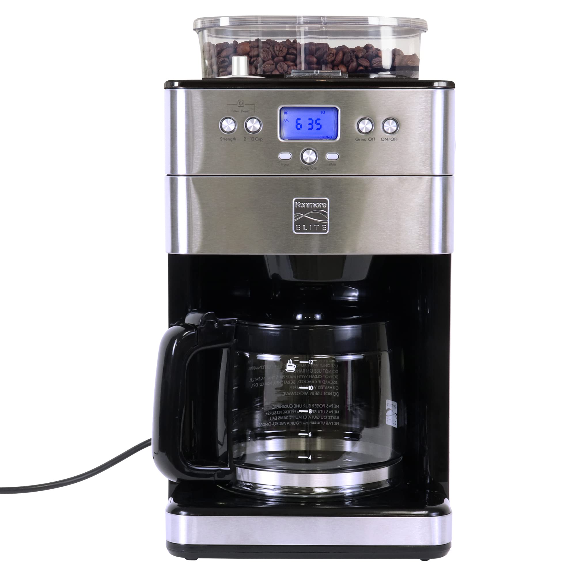 Kenmore Elite Grind and Brew Coffee Maker - 12 Cup Programmable Automatic Coffee Machine with Burr Grinder, Fresh Bean Hopper & Glass Carafe - Perfect for Home Kitchens, Offices and Small Cafés - Barista Style Coffee Maker for Espresso, Latte & Drip Coffee