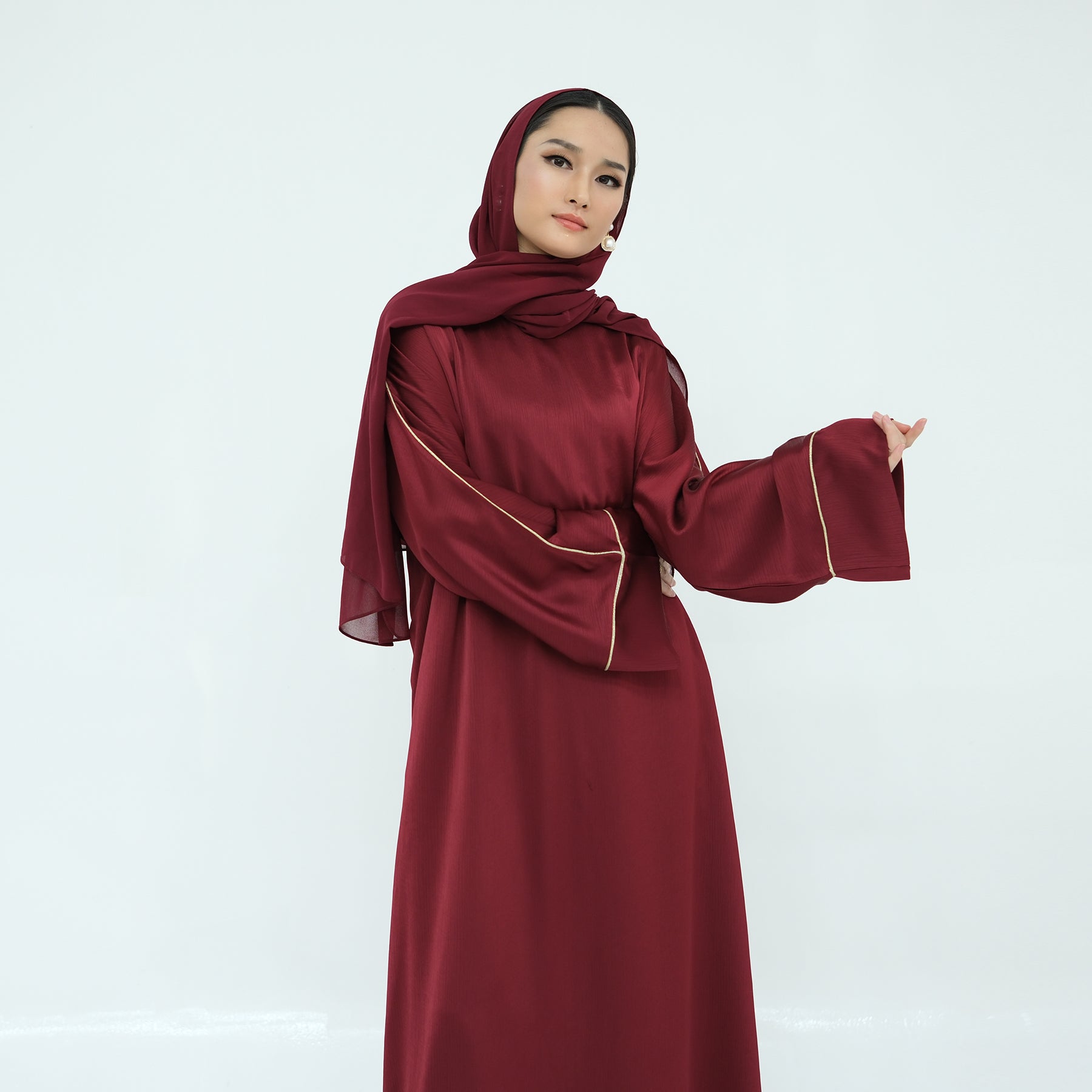 Stylish Ayana Textured Piping Detail Abaya Dress in Red - Perfect for Islamic Prayer, Eid Celebrations & Modest Fashion
