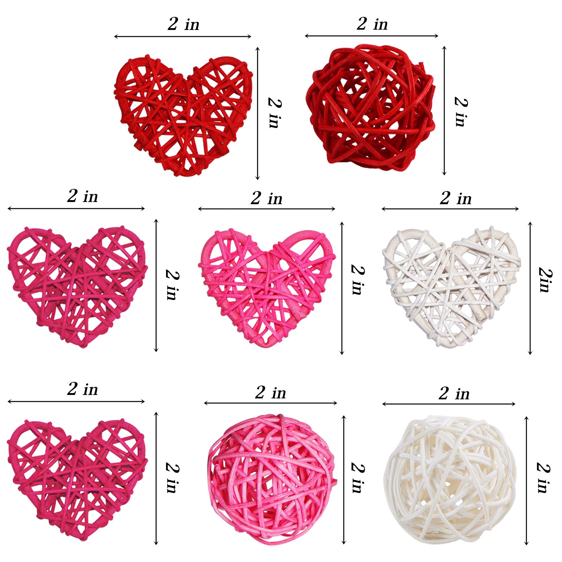 32 Pcs 2 Inch Valentine’s Day Heart & Round Rattan Balls - Natural Wicker Decor for DIY Vase Fillers, Wedding Centerpieces, Table Scatter - Perfect for Valentine’s Day, Home Decor, and Party Decorations