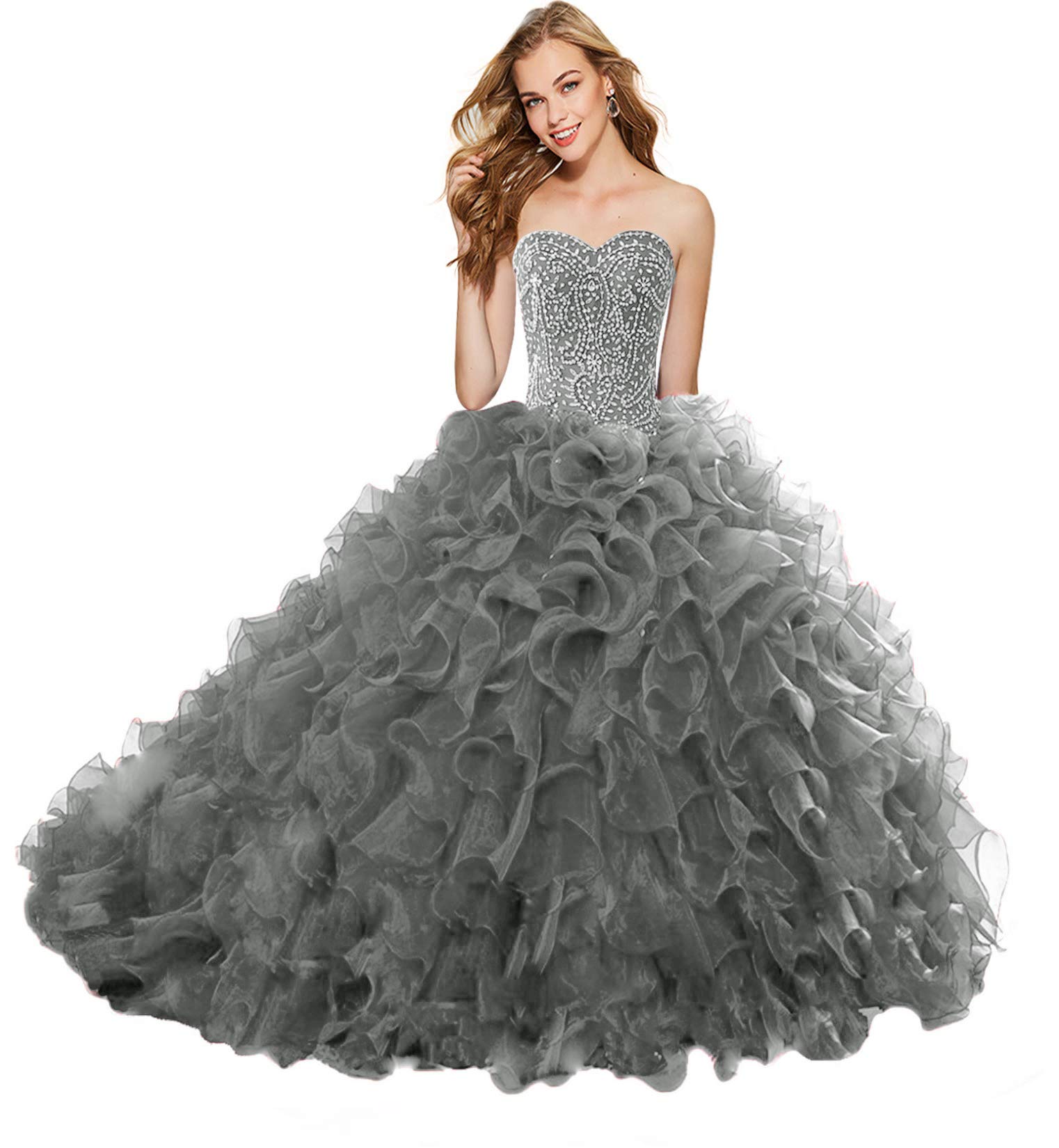 Elegant Beaded Organza Ruffle Quinceanera Dress for Women | Sweet 16 Prom Ball Gown | Perfect for Quinceañeras, Prom Nights, and Formal Events