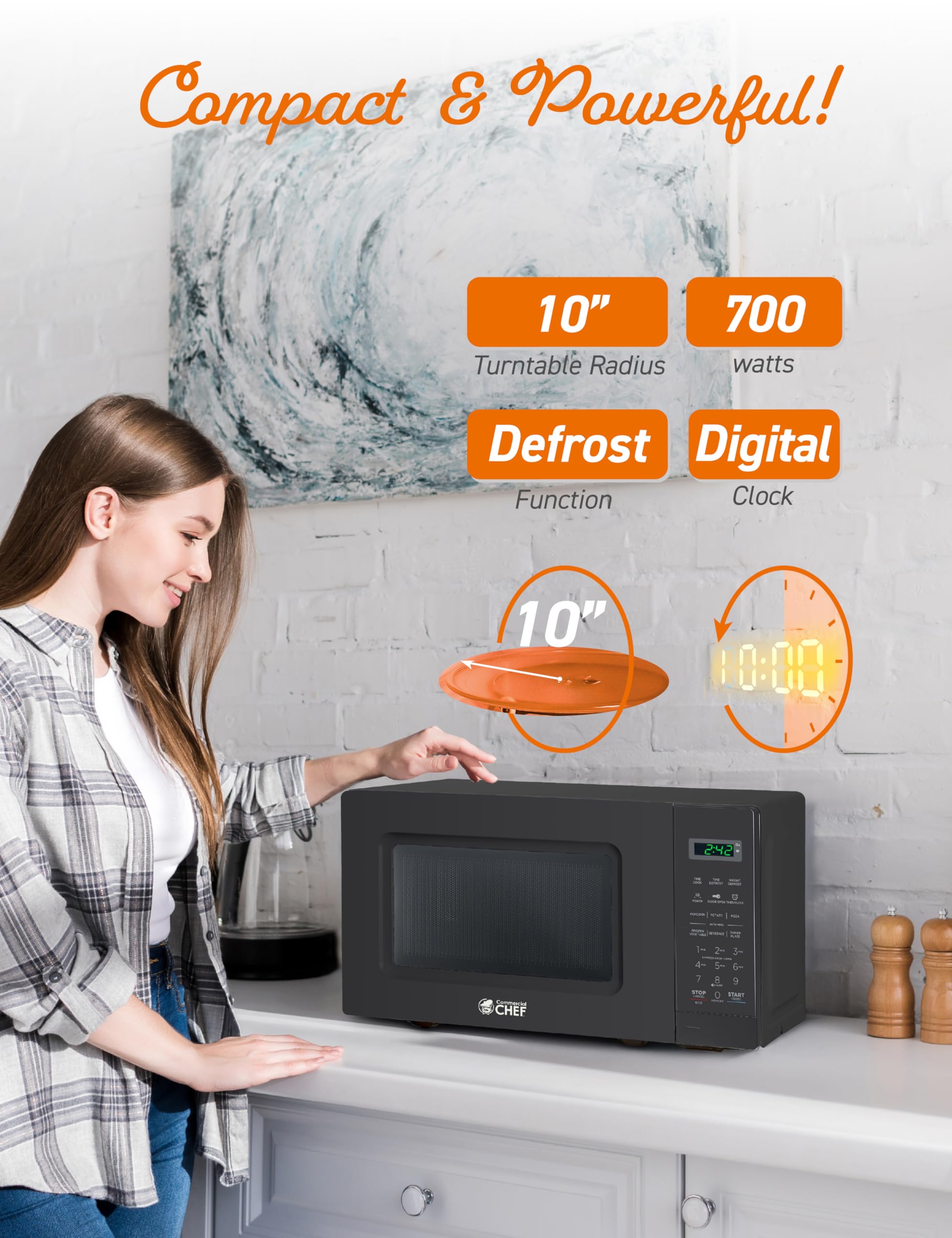 Commercial Chef 0.7 Cu Ft Countertop Microwave Oven - 700W with 10 Power Levels, Digital Display & Child Safety Lock - Perfect for Dorms, Offices & Small Kitchens - Black
