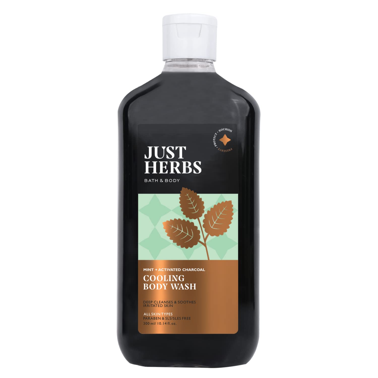 Just Herbs Deep Cleansing Cooling Body Wash with Mint & Activated Charcoal - 300ml Detoxifying Shower Gel for Men & Women - Refreshing for Post-Workout & Hot Summer Days