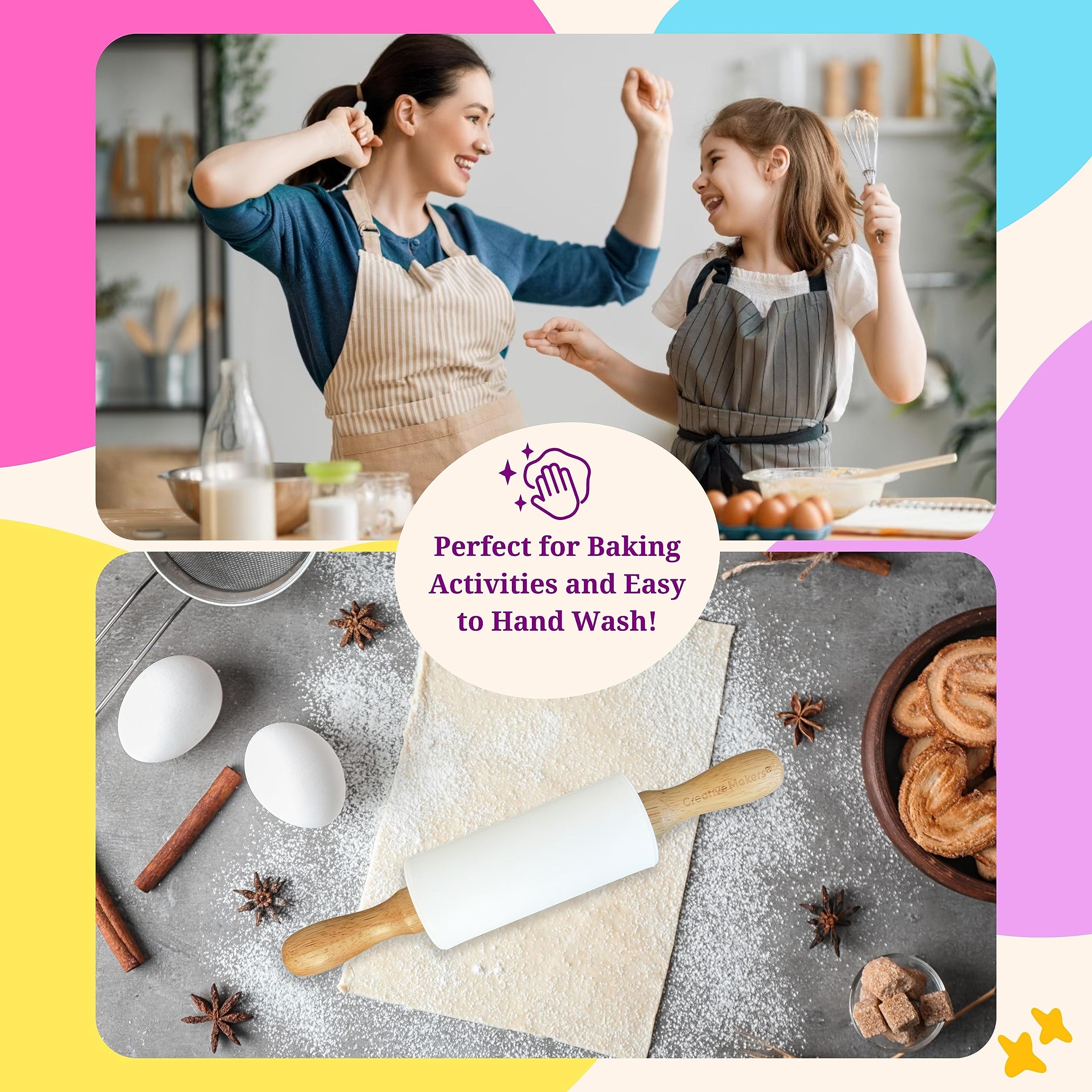 Kids Non-Stick Silicone Rolling Pin with Wooden Handles - 9 Inch White Dough Roller for Play Dough, Baking & Cookie Making - Perfect for Toddler Cooking Activities & Preschool Learning