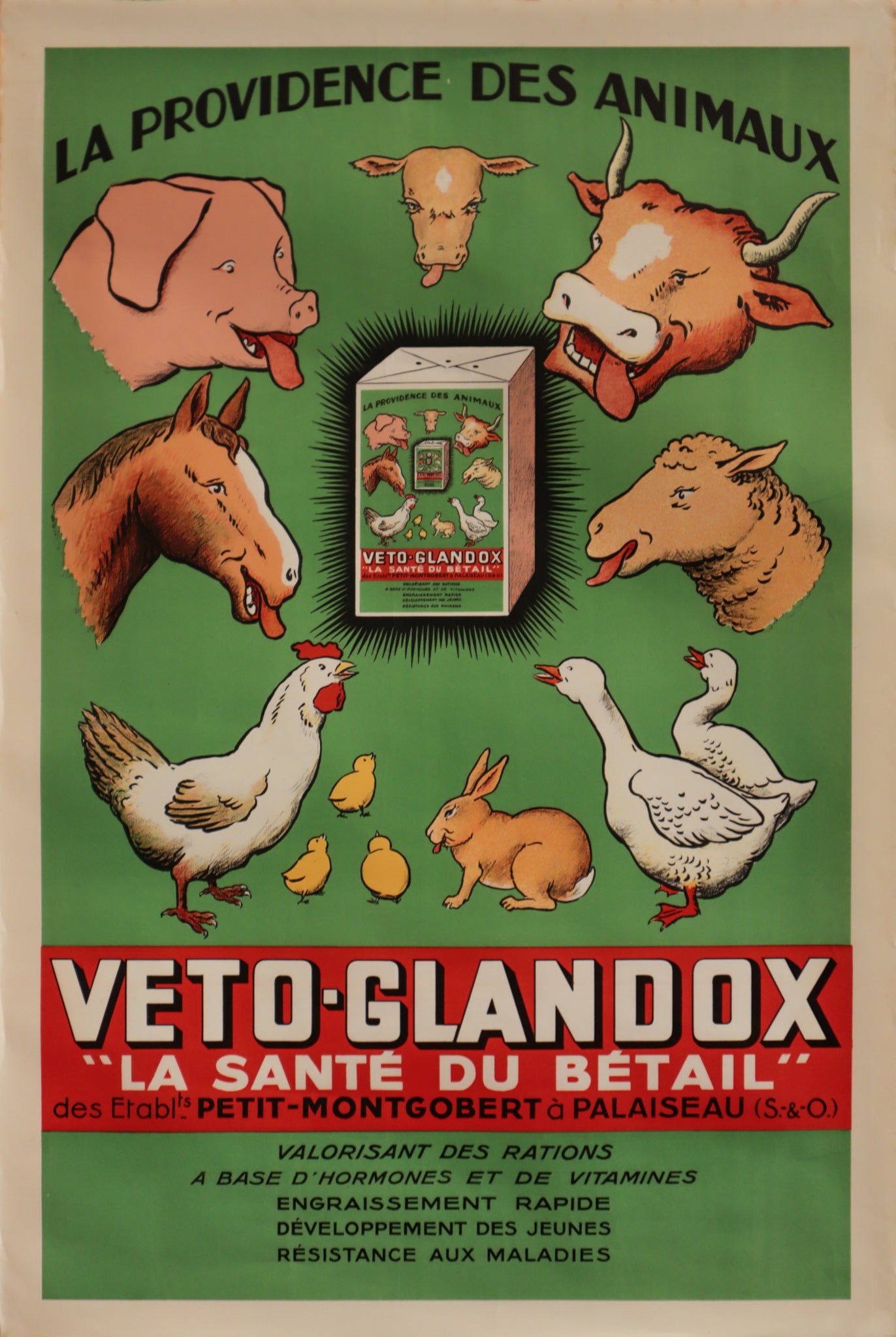 1920s French Art Deco Agricultural Poster - La Providence des Animaux: Veto Glandox for Livestock Health | Vintage Farm Decor, Wall Art for Home & Office