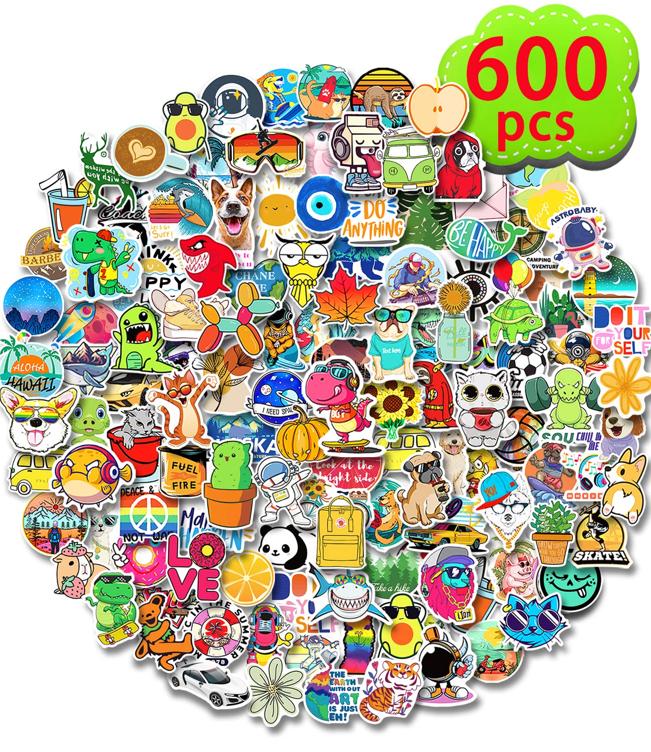 600Pcs Waterproof Vinyl Stickers for Water Bottles, Laptops, Skateboards & Luggage - Aesthetic Cute Scrapbook Stickers Pack for Teens, Kids & Adults - Perfect for School, Travel, DIY Crafts & Halloween Decorations