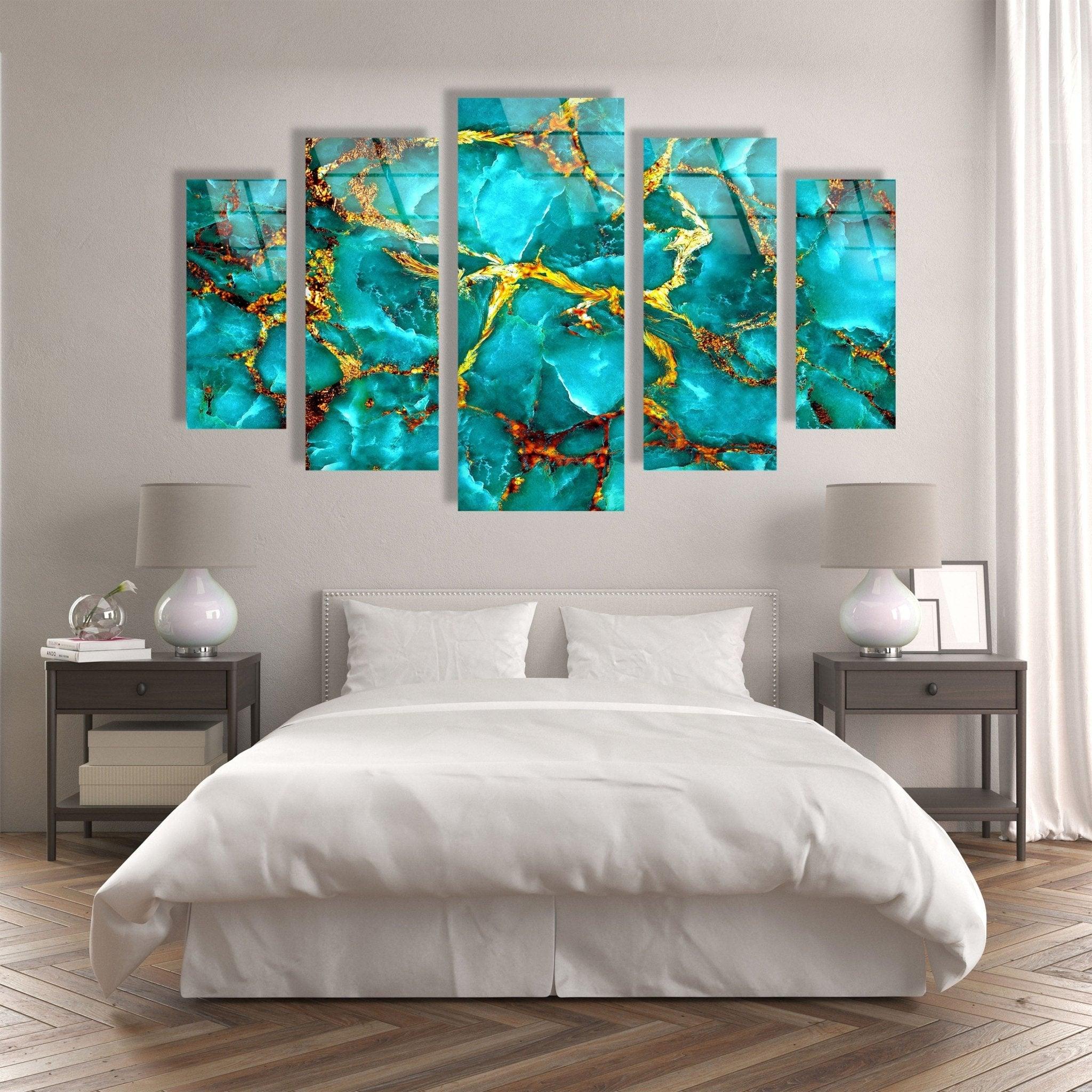 Abstract Glass Wall Art in Aqua Blue with Gold Veins - Modern Home Decor for Living Room, Bedroom & Office