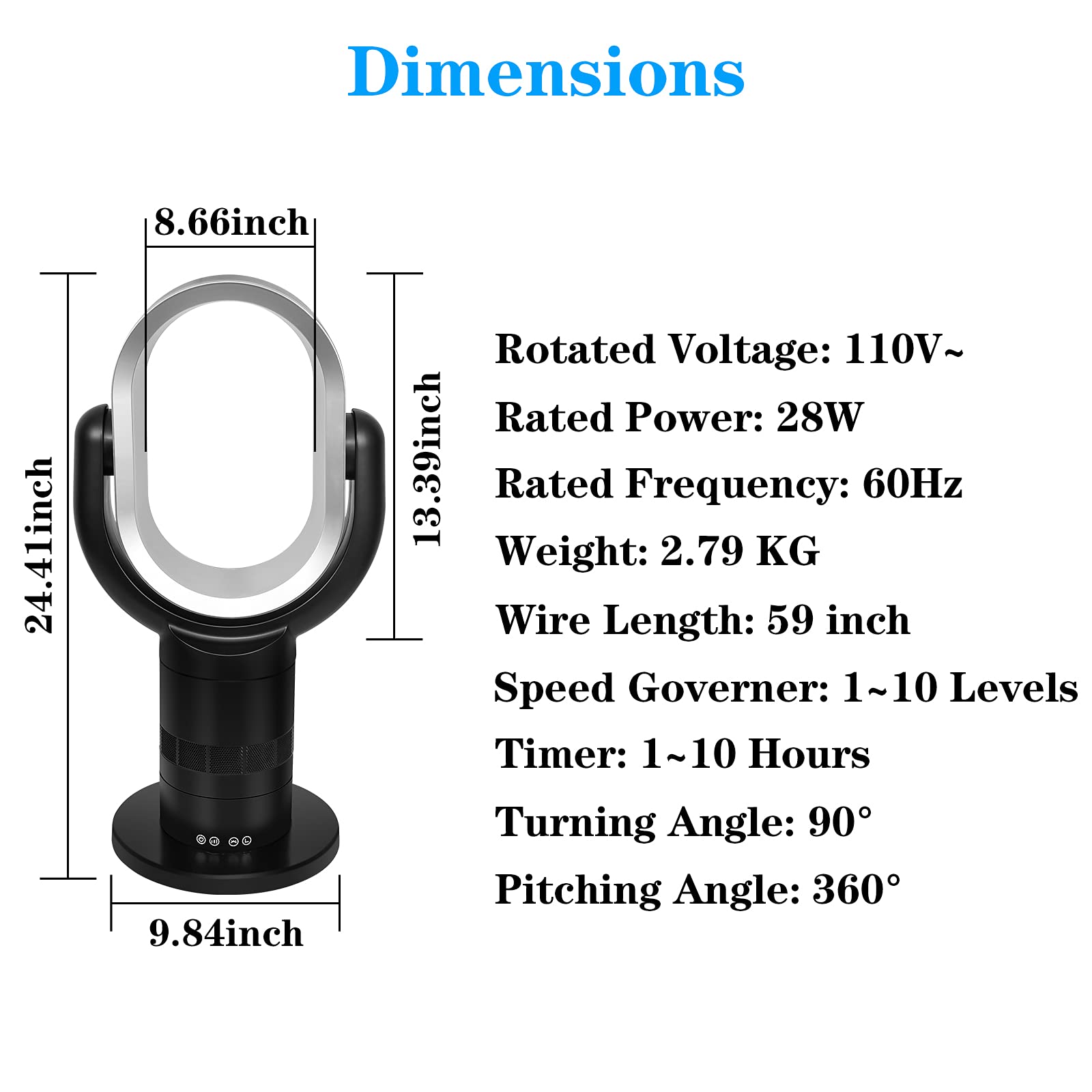 HealSmart Medium Portable Bladeless Fan - 10 Speed Settings, 10-Hour Timer, Ultra Quiet & Lightweight (24 Inch, Black) | Perfect for Office Desk, Bedroom & Outdoor Use