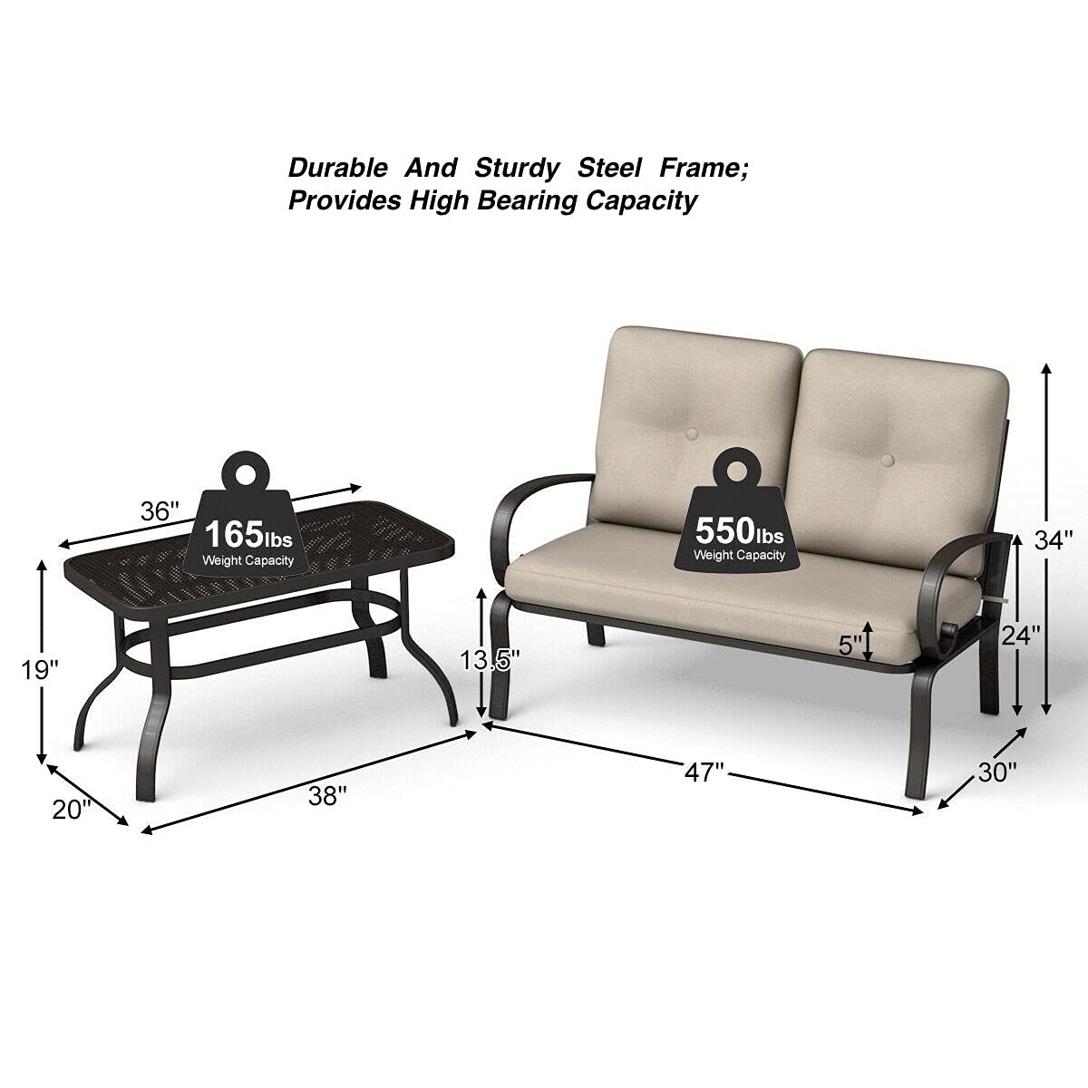 2-Piece Loveseat Coffee Table Set, Outdoor Patio Furniture with Thick Cotton Cushions & Steel Frame - Perfect for Garden, Backyard, Deck, Balcony, Poolside - Ideal for Relaxing, Entertaining, and Outdoor Dining
