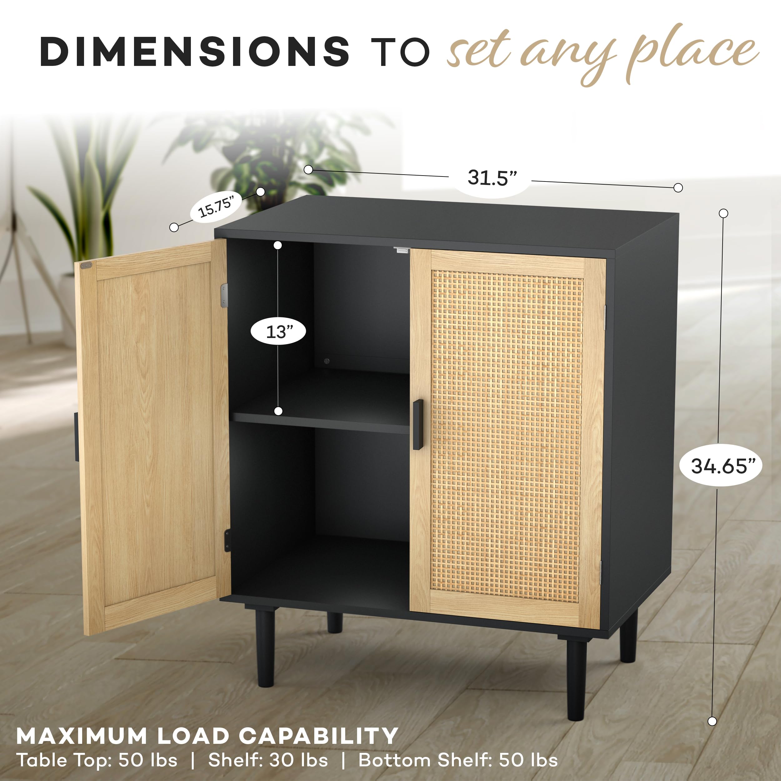 Rattan Sideboard Buffet Cabinet - Stylish Kitchen Storage Dresser with Rattan Doors, Cupboard Console Table for Living Room, Dining Room & TV Stand in Black - Perfect for Home Decor and Organizing Essentials