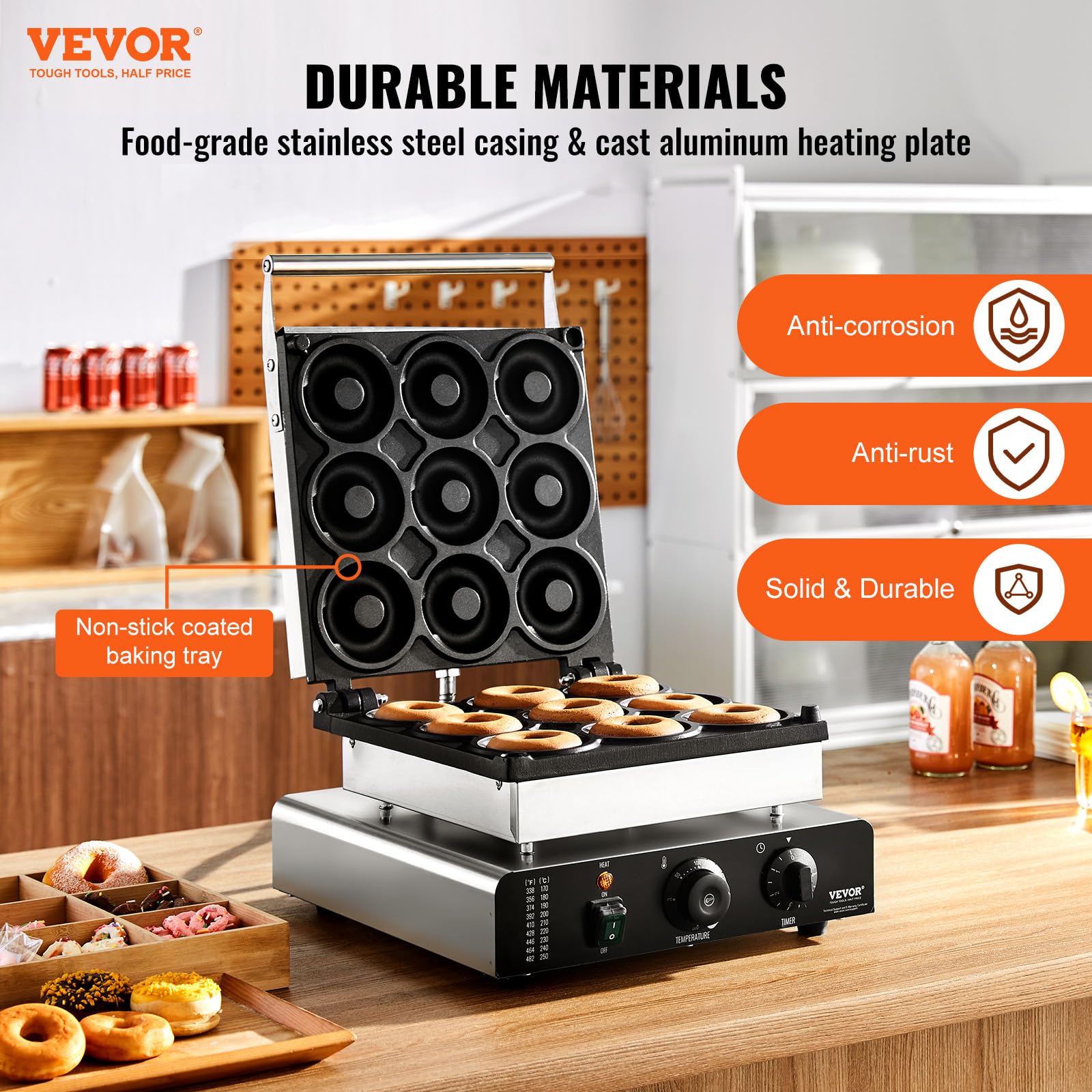 VEVOR 2000W Commercial Electric Donut Maker Machine - 9 Hole Non-Stick Waffle Iron with Double-Sided Heating (122-572℉) - Perfect for Restaurants, Bakeries, Cafes & Home Breakfast Donut Making