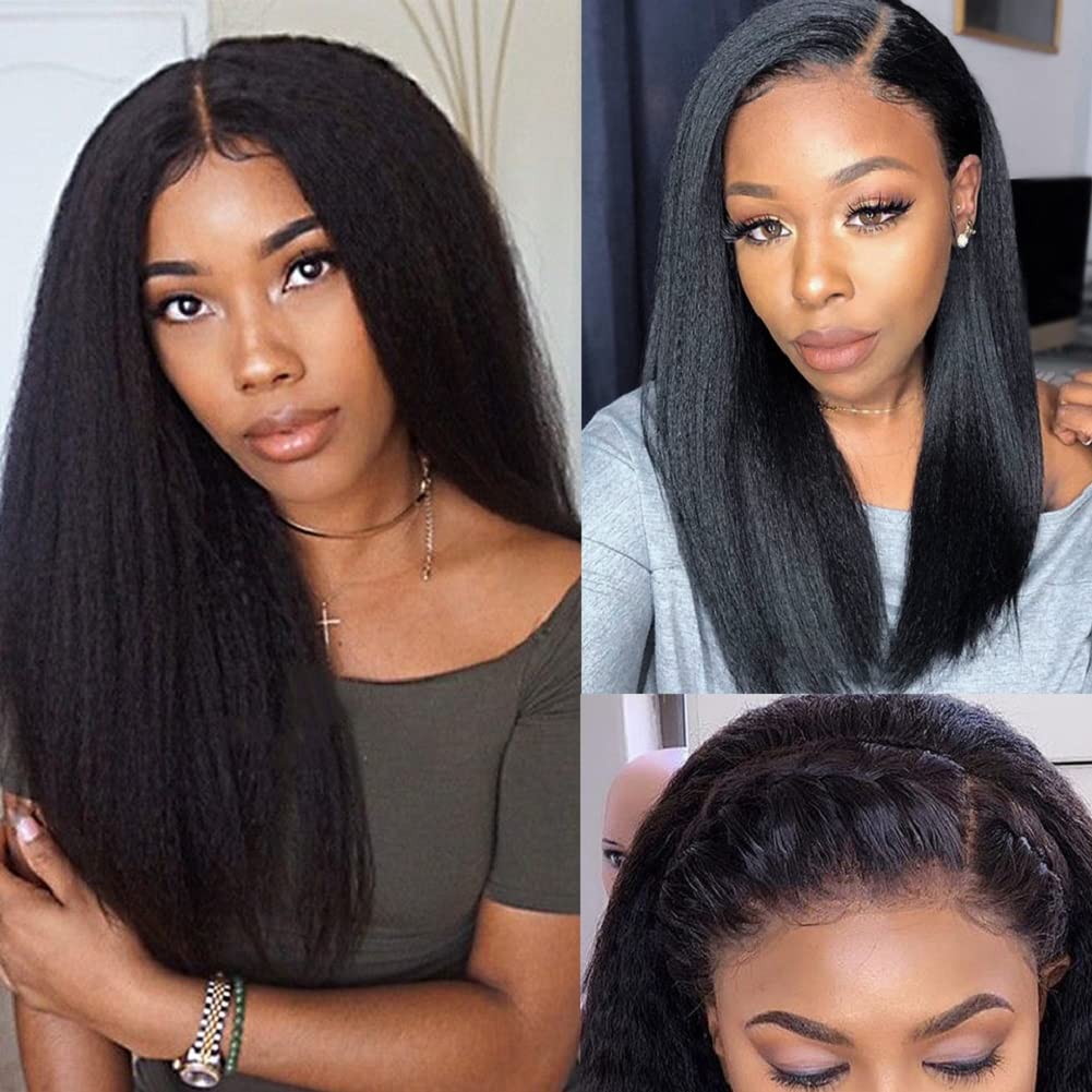 18 Inch Brazilian Virgin Human Hair V Part Wig - Kinky Straight Yaki Texture Glueless Half Wig with Clips for Black Women | Perfect for Daily Wear, Parties & Protective Styling