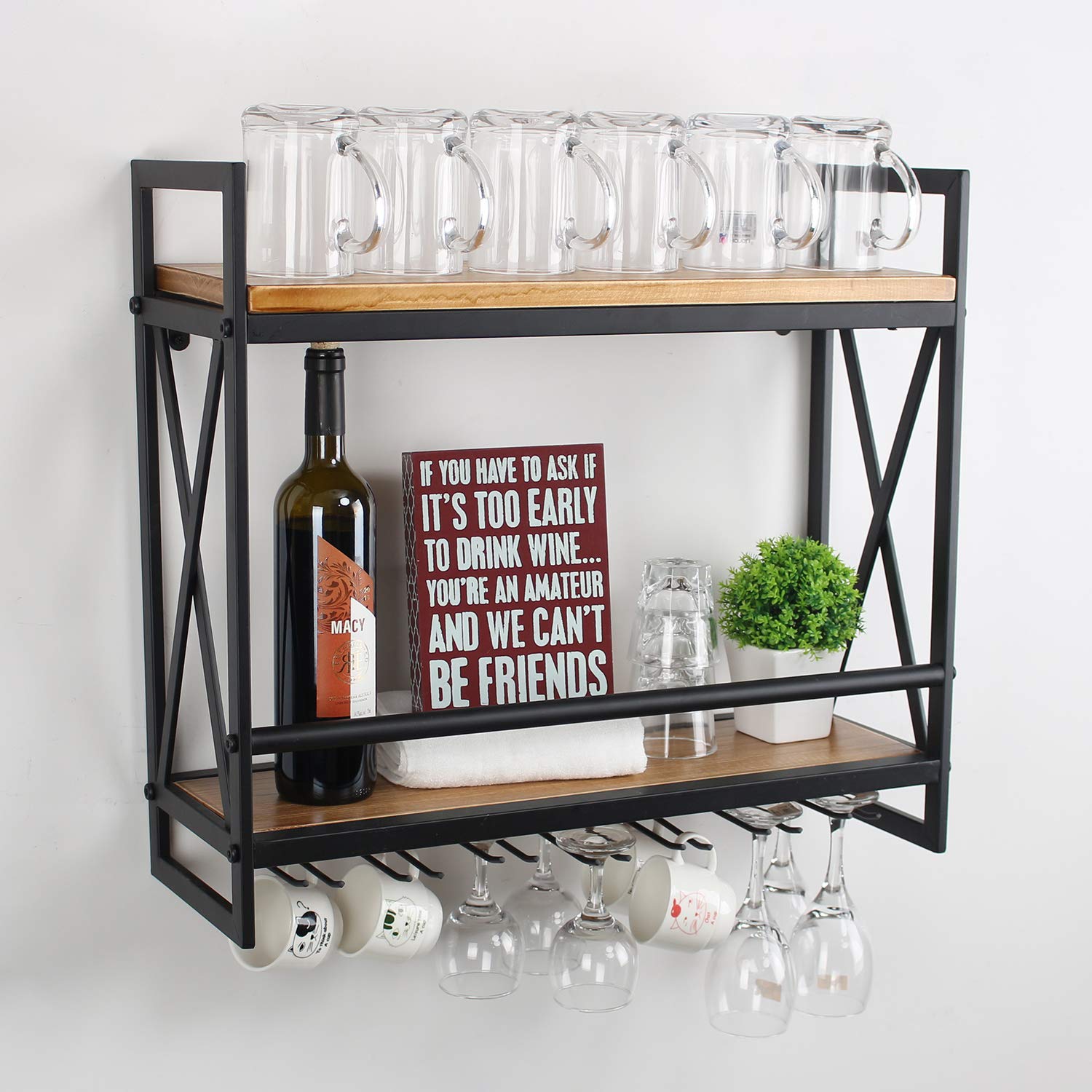 MBQQ Rustic Wall Mounted Wine Rack with 6 Stem Glass Holder - 23.6 Inch Industrial Metal Hanging Wine Storage - 2-Tier Wood Shelf Floating Shelves for Kitchen, Living Room & Home Decor - Perfect for Wine Display & Glass Organization