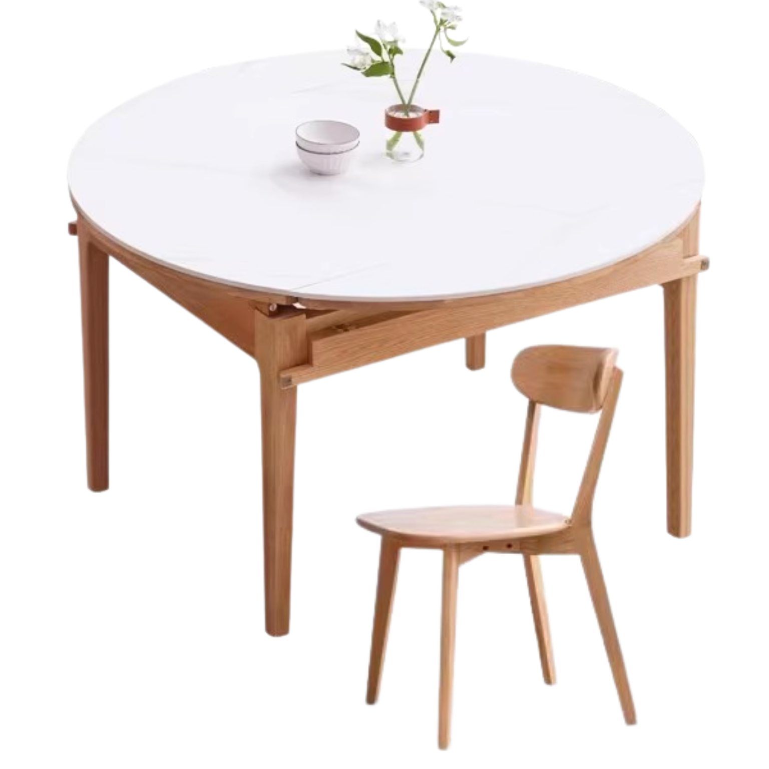 Solid Oak Round Folding Dining Table with Natural Stone Slab Top - Perfect for Small Spaces, Outdoor Dining & Home Decor