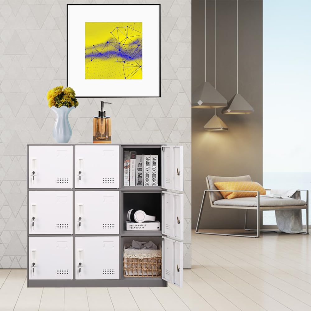 9-Door Metal Locker Storage Cabinet - Heavy Duty Steel Employee Lockers with Key Lock & Ventilation - Secure Office, School & Gym Storage Organizer for Clothes, Equipment & Personal Items