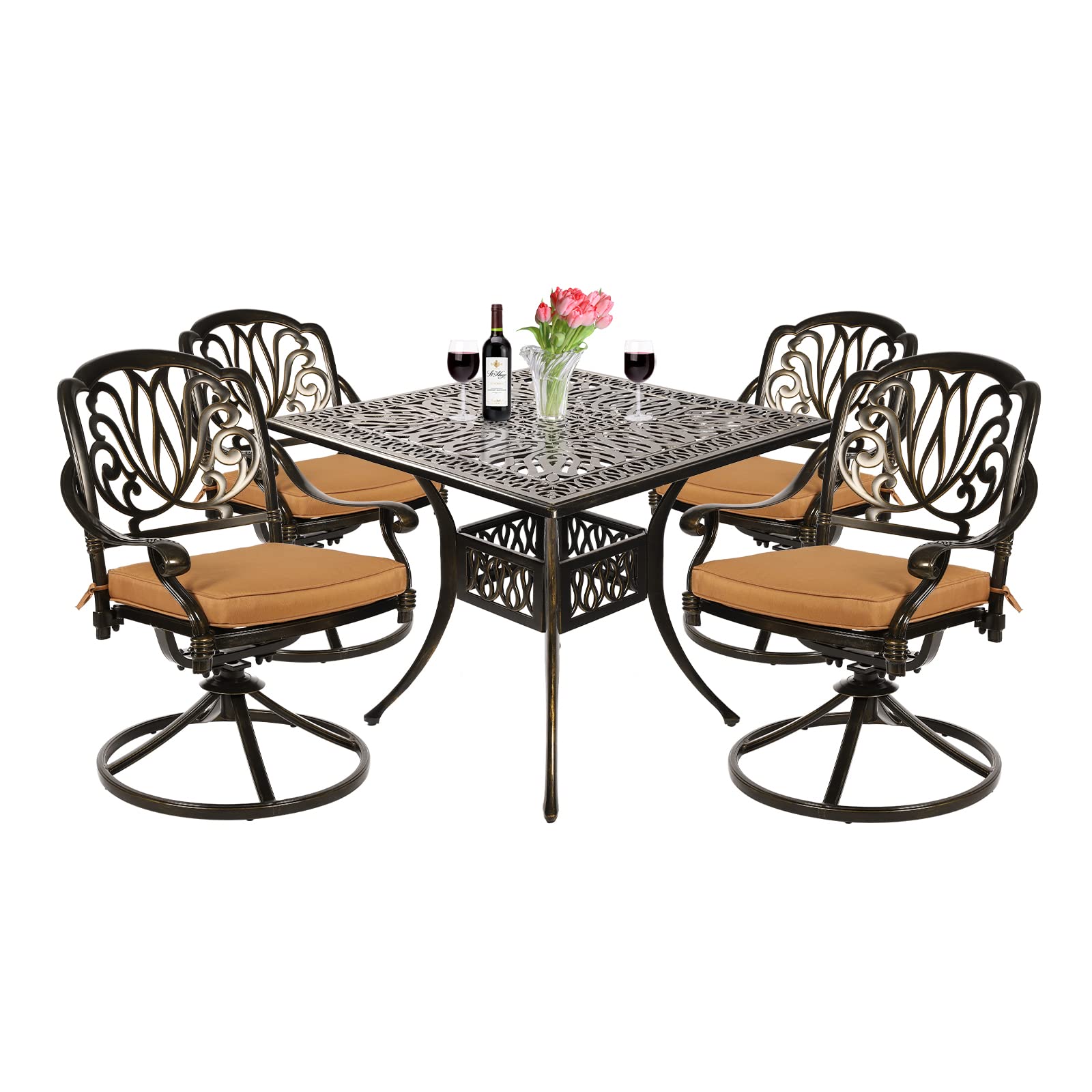 VIVIJASON 5-Piece Outdoor Patio Dining Set - All-Weather Cast Aluminum Conversation Set for Deck, Lawn & Garden - Includes 4 Swivel Chairs & 35.4