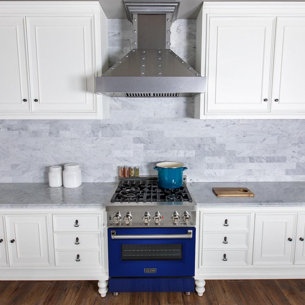 ZLINE 30 Inch Stainless Steel Dual Fuel Range with Blue Gloss Door & Convertible Vent Hood - Professional Kitchen Package (2KP RABGRH30) - Perfect for Home Chefs & Modern Kitchens