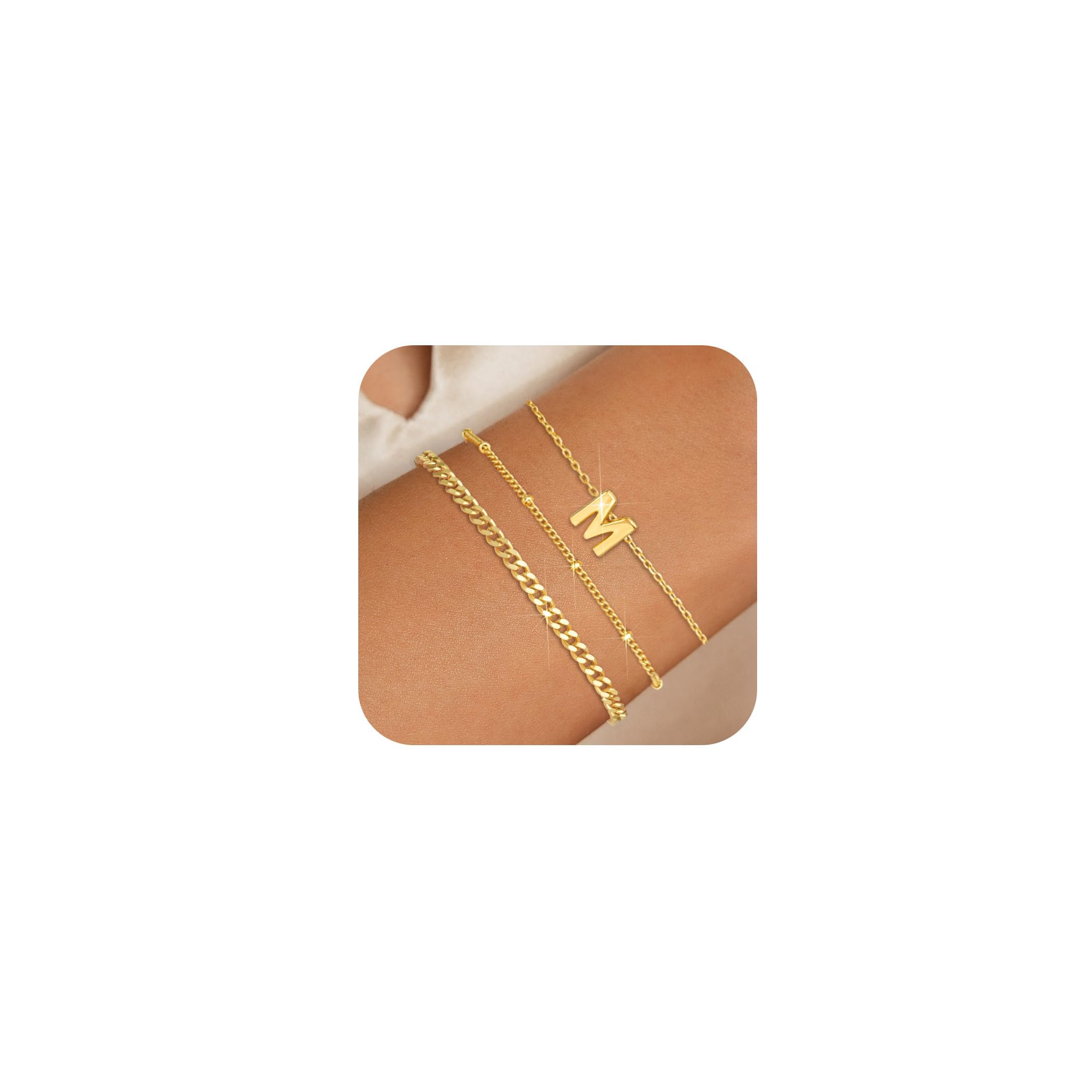 3 Pcs 14K Gold & Silver Initial Bracelets for Women - Stackable Letter Charm A-Z Monogram Jewelry Set, Anti-Tarnish, Perfect Gift for Her - Ideal for Birthdays, Anniversaries & Everyday Wear