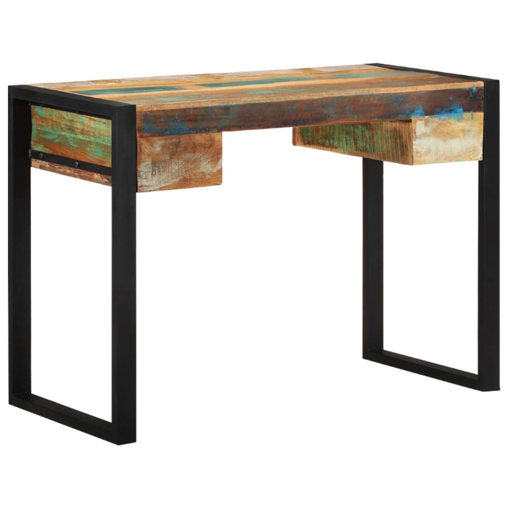 vidaXL Solid Reclaimed Wood Desk - Vintage Style Study Table with Steel Frame & 2 Drawers, Multicolor - Perfect for Home Office, Study Room & Workspace