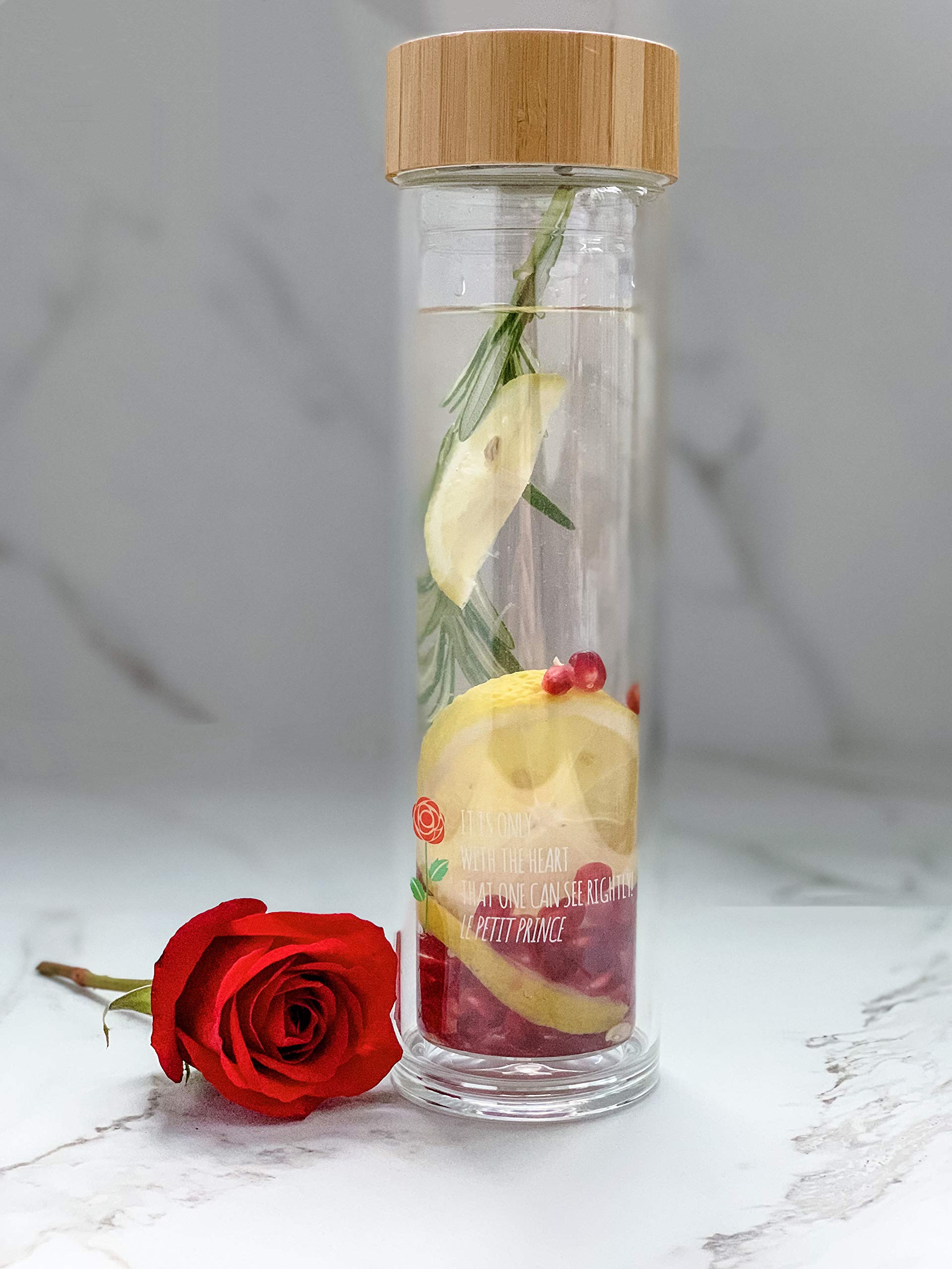 Kozy Kitchen Double Wall Glass Tumbler with Stainless Steel Infuser - Insulated for Hot & Cold Drinks - Perfect for Tea, Coffee, Fruit Infused Water - Includes Strainer & White Sleeve (Le Petit Prince Design) - Ideal for Office, Travel, and Home Use
