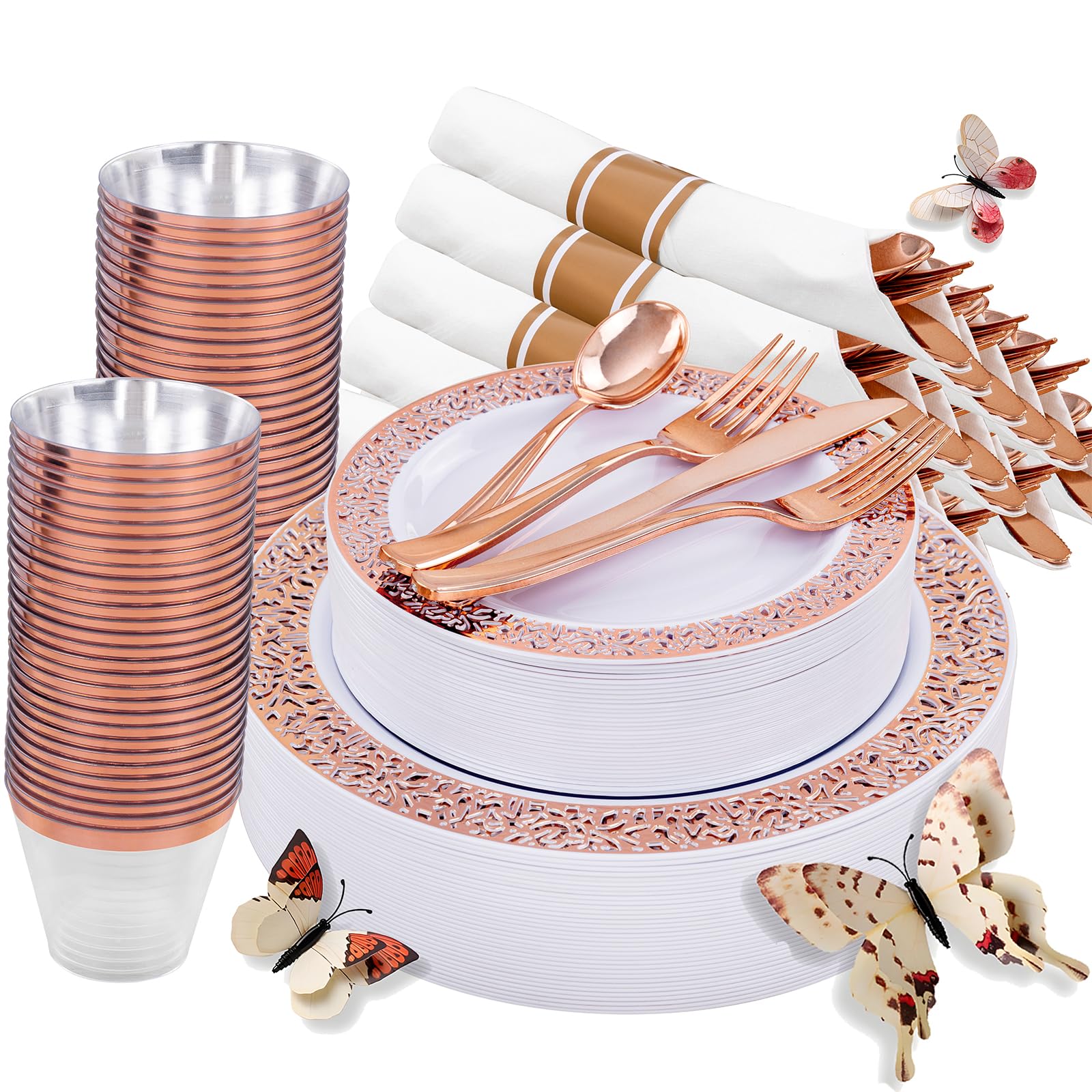 WELLIFE 350-Piece Rose Gold Plastic Dinnerware Set - Disposable Rose Gold Lace Plates, Cups, Silverware & Napkins for Wedding, Birthday Party, Bridal Shower & Special Events (50 Dinner Plates, 50 Dessert Plates, 50 Cups, 50 Pre-Rolled Napkins with Silverware) - Elegant Table Setting for Celebrations