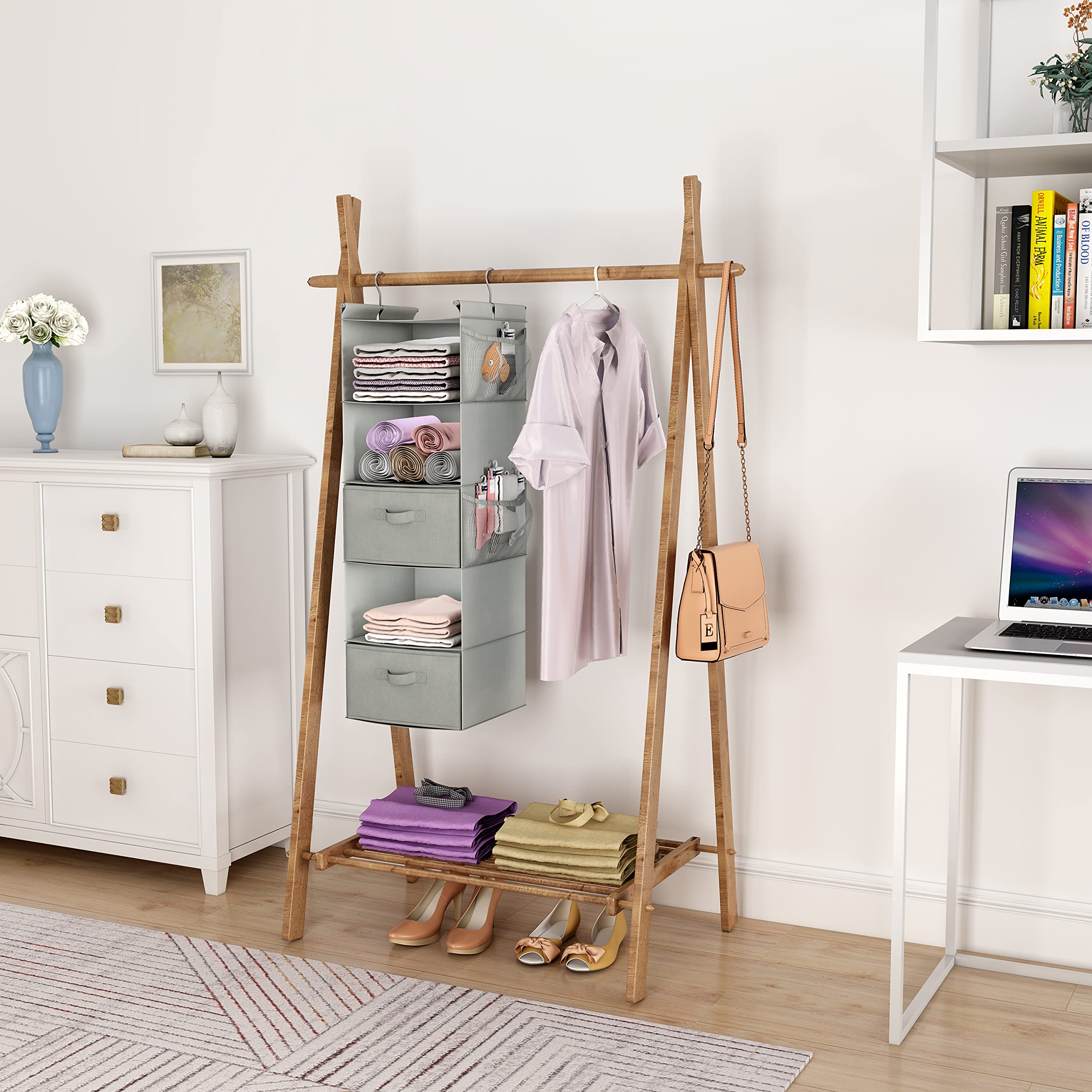 MAX Houser 5-Tier Foldable Hanging Closet Organizer - Space Saving Storage Shelf with 2 Sturdy Hooks for Clothes, Shoes & Accessories (Light Grey) - Perfect for Bedroom, Closet & Dorm Organization