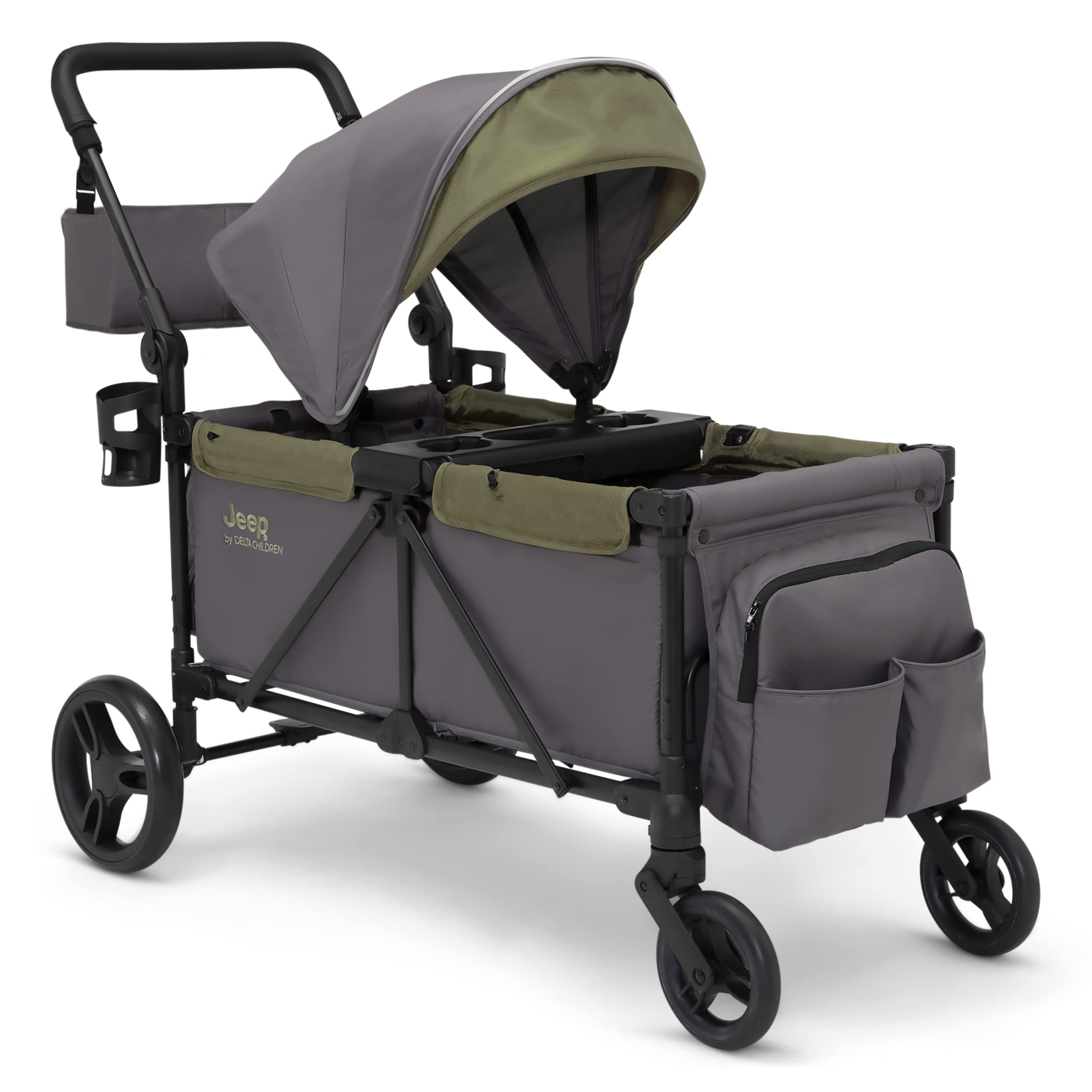 Delta Children Jeep Sport All-Terrain Stroller Wagon with Canopy, Parent Organizer & Adjustable Handlebar - Grey/Olive Green | Perfect for Outdoor Adventures, Beach Trips & Family Outings