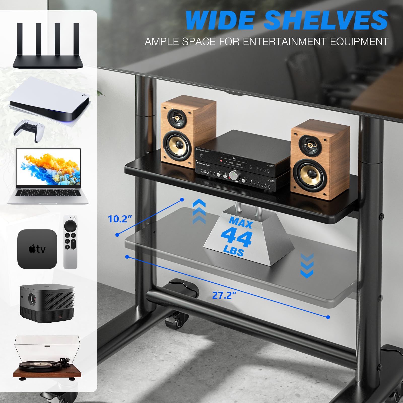 Heavy Duty Mobile TV Stand for 50-92 Inch Large TVs up to 200lbs - Adjustable Height Rolling TV Cart with Locking Wheels & AV Shelf - Perfect for Home Theater, Office Presentations, and Trade Show Displays