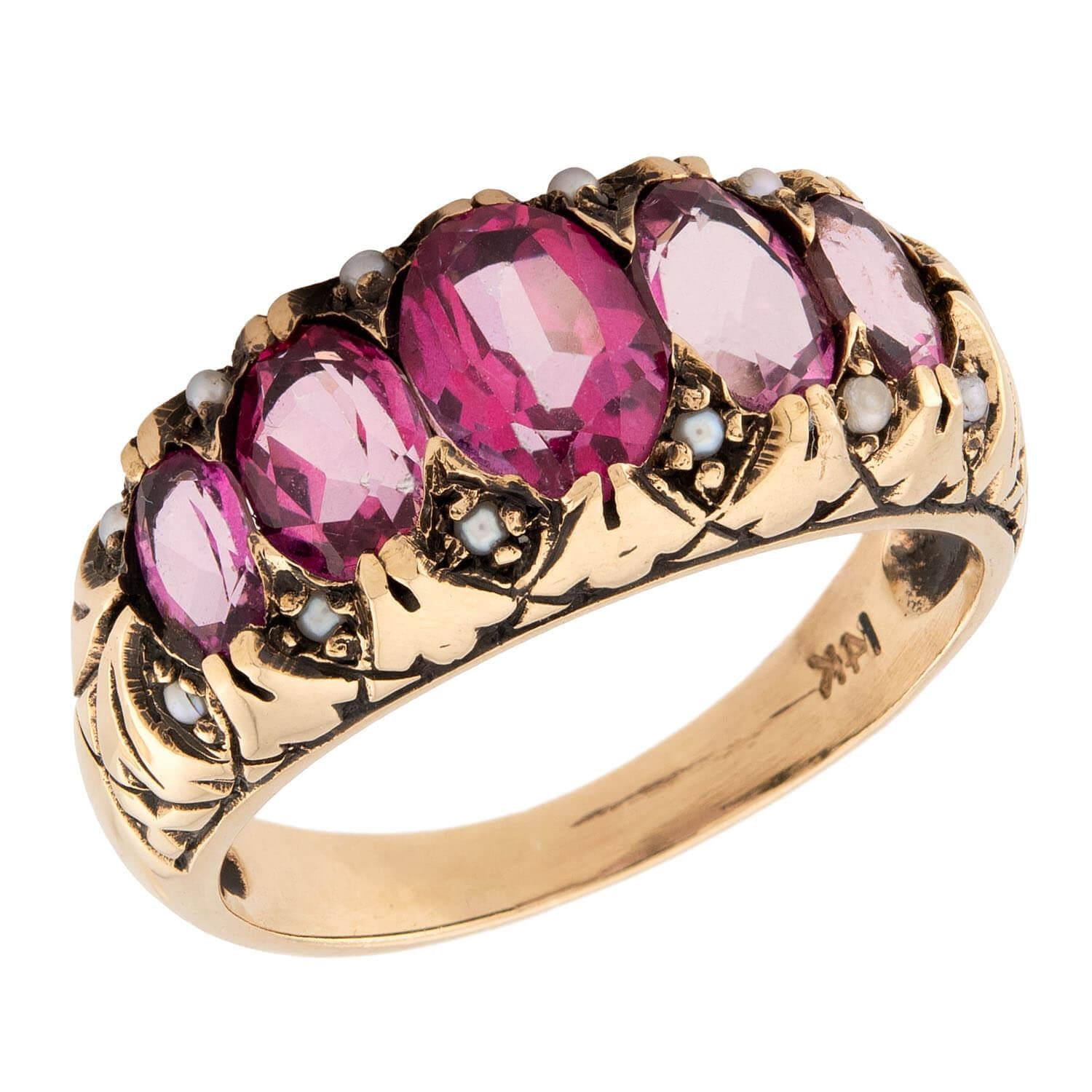 Exquisite Victorian 14K Gold Spinel and Pearl Ring - Elegant Antique Jewelry for Women - Perfect for Weddings, Anniversaries & Special Occasions