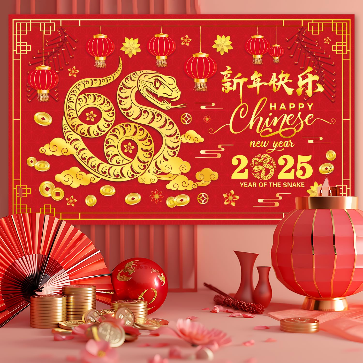LARRAZABAL 2025 Chinese New Year Decorations | Lunar New Year Backdrop Banner | Snake Year Spring Festival Party Decor | Photography Props for Chinese New Year Celebrations | Perfect for Home Decor, Party Backgrounds & Social Media Photos
