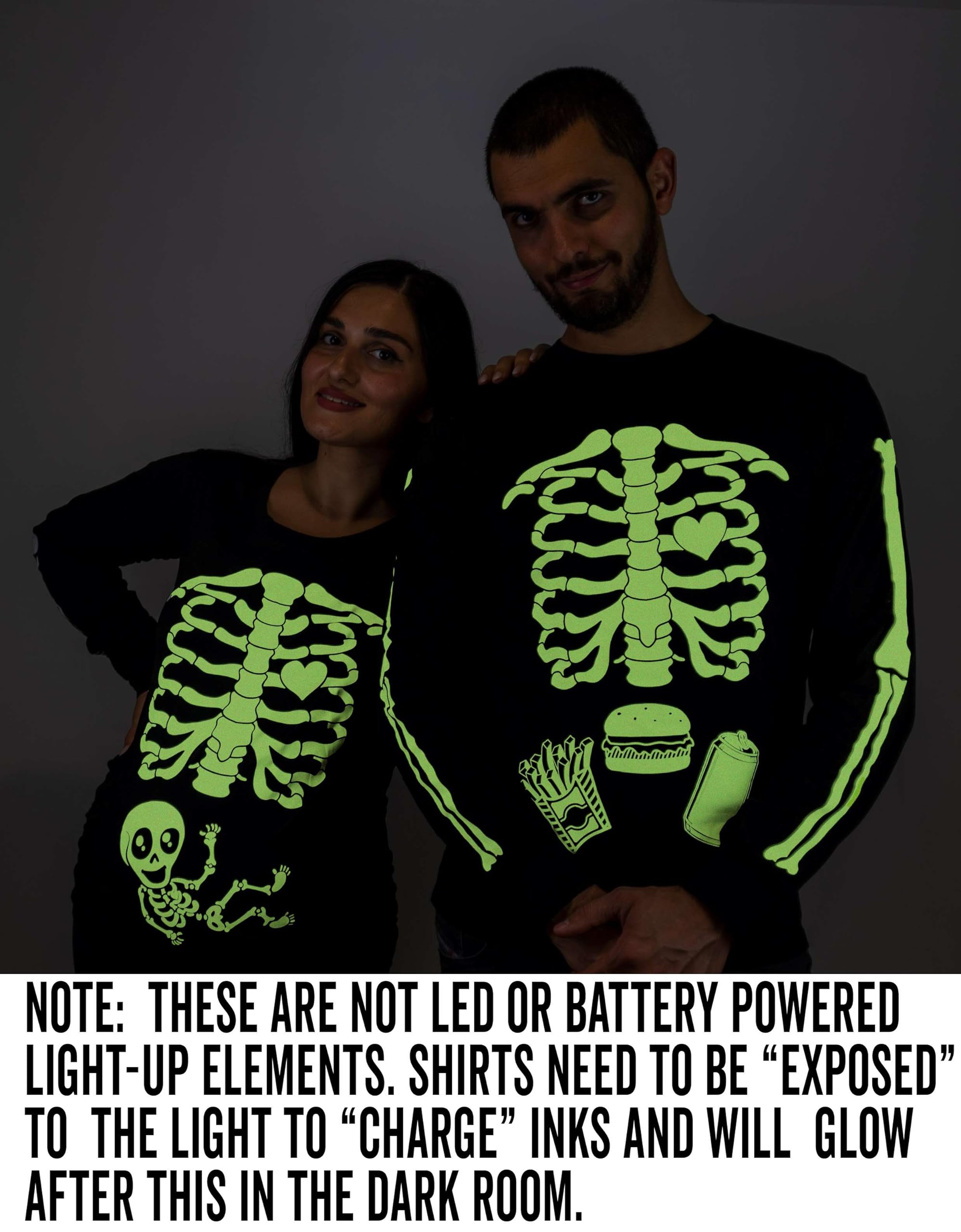 Halloween Couple Glow in The Dark Long Sleeve T-Shirts | Skeleton Ribcage & Burger Print Tees for Men & Maternity | Fun Matching Outfits for Couples, Parties & Halloween Events