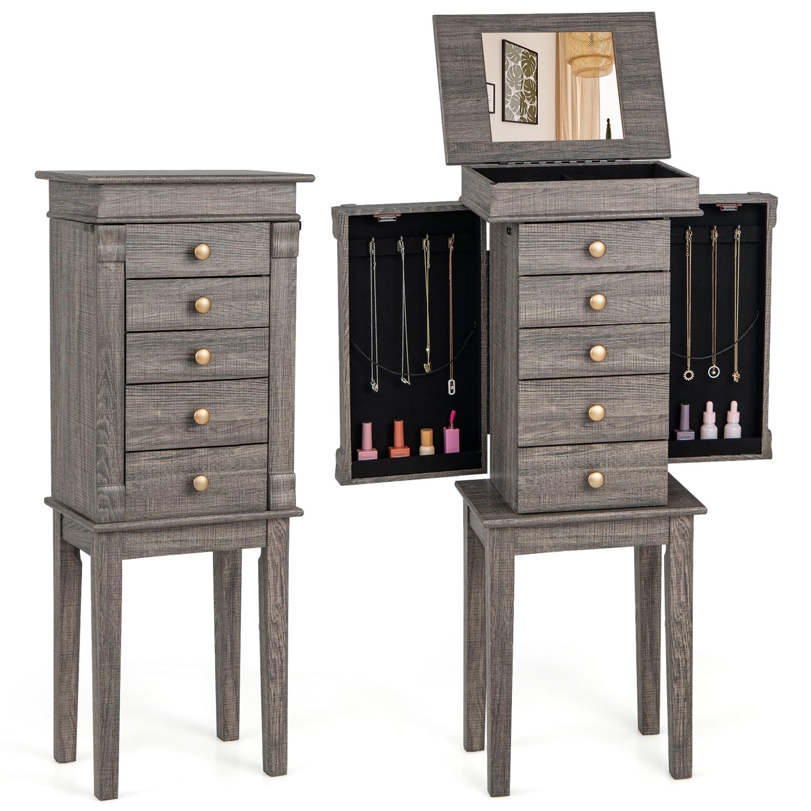 Giantex Wooden Jewelry Storage Cabinet with 5 Drawers & 8 Necklace Hooks - Standing Jewelry Armoire with Flip Mirror, 4 Compartments & 2 Side Doors - Antique Washed Gray Finish - Perfect for Bedroom, Closet & Dressing Room Organization