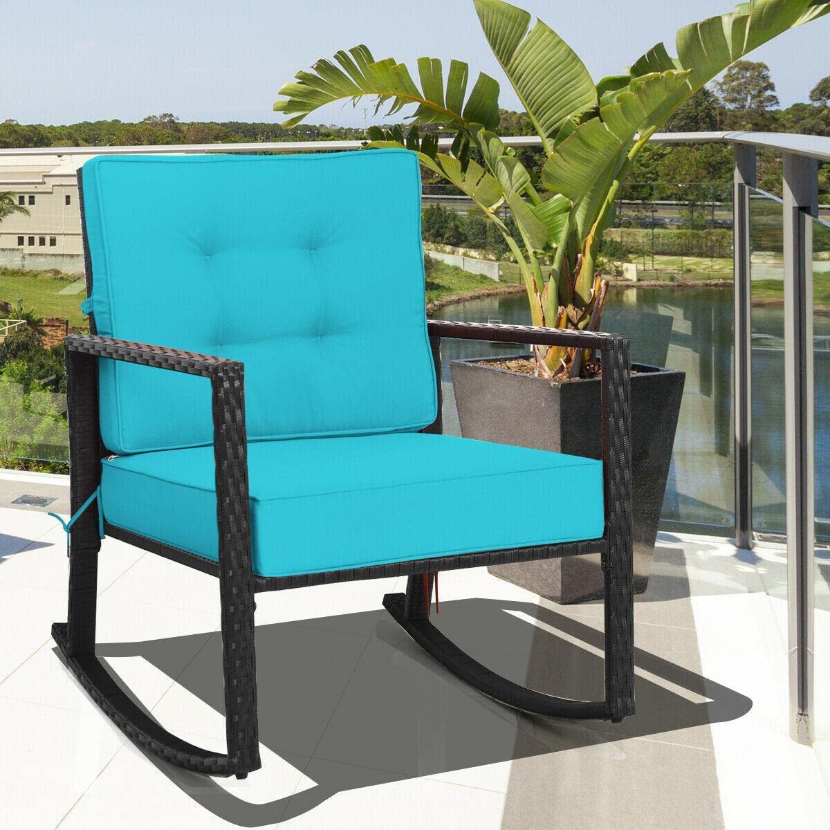 **Outdoor Rattan Rocking Chair with Turquoise Cushion - Patio Glider Wicker Rocker for Garden, Porch, or Camping - Comfortable Mikalo Chair for Relaxing & Lounging**