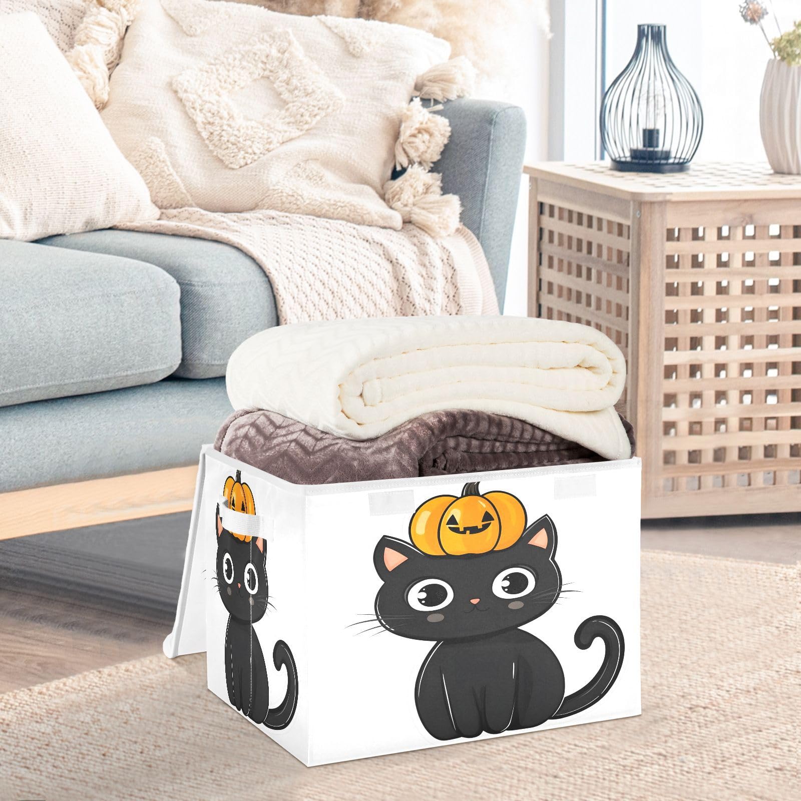 Foldable Fabric Storage Bins with Lids - Collapsible Pumpkin Head Kitten Design Organizer Baskets for Home, Bedroom, Closet & Office | Space-Saving Home Organization Solution