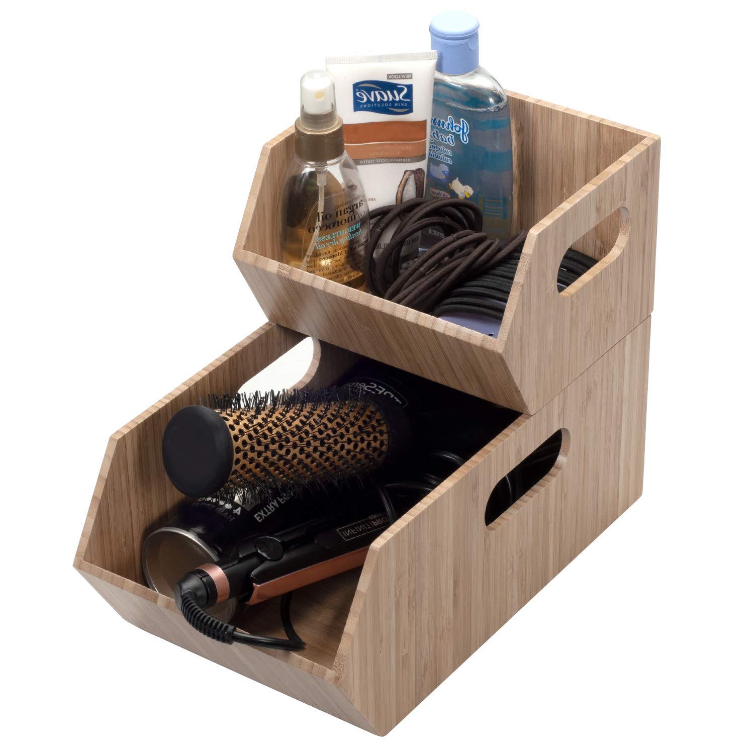 MobileVision Bamboo Storage Bins - 2-Piece Stackable Bathroom Organizer Set for Toilet Paper, Wipes, Towels & Hair Accessories | Perfect for Bathroom Cabinet, Vanity & Closet Organization