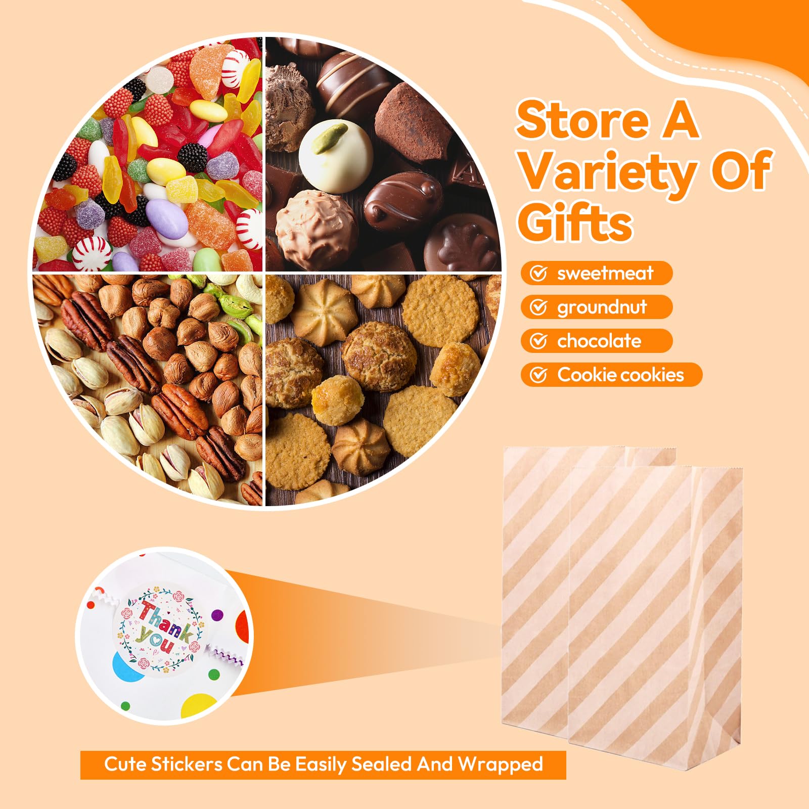 Elvielsl 40 Pack Kraft Paper Party Favor Bags with 48 Stickers - 13x8x24cm Small Gift Bags for Birthday, Wedding, Baby Shower & Christmas | Eco-Friendly Goodie Bags for Party Favors, Candy, Treats & Gifts