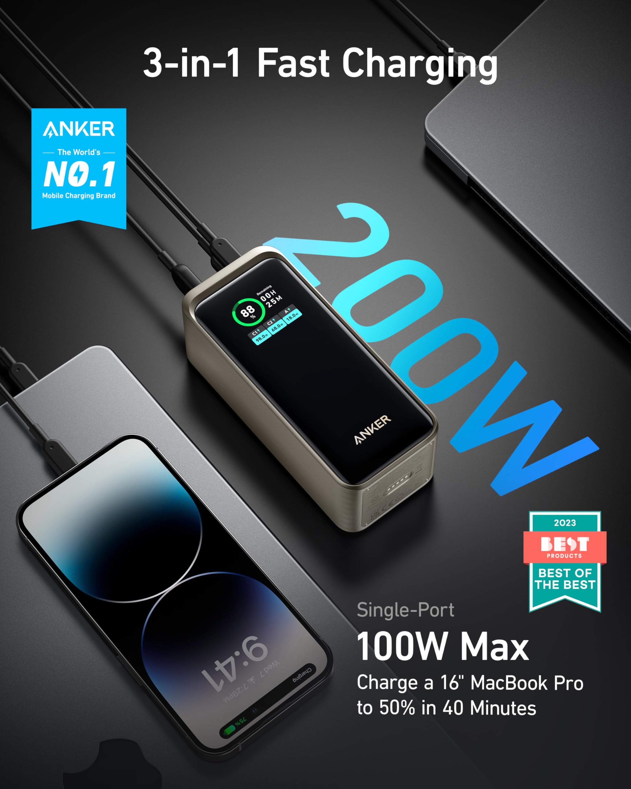 Anker Prime 20000mAh 200W Power Bank with Digital Display - Dual USB-C & USB-A Ports - Fast Charging for iPhone 14/13, Samsung Galaxy, MacBook, Dell Laptops - Portable Charger for Travel, Camping, Work & Emergency Backup (Gold)
