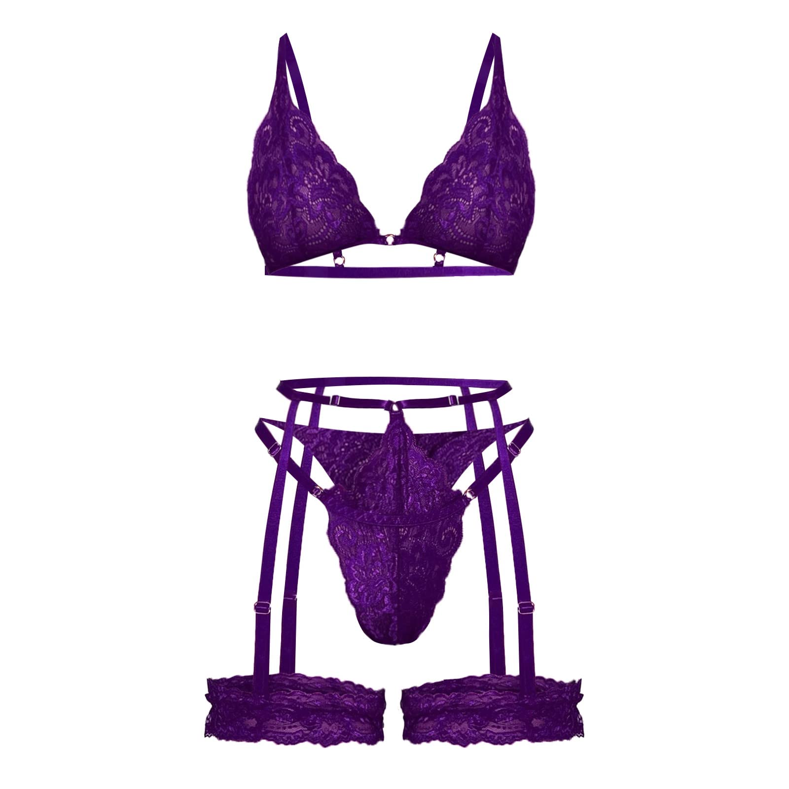 Sexy Lace Lingerie Set for Women - V-Neck Bra & Thong with Garter Belt - Purple Satin Pajama Suit | Perfect for Valentine's Day, Honeymoon & Romantic Nights