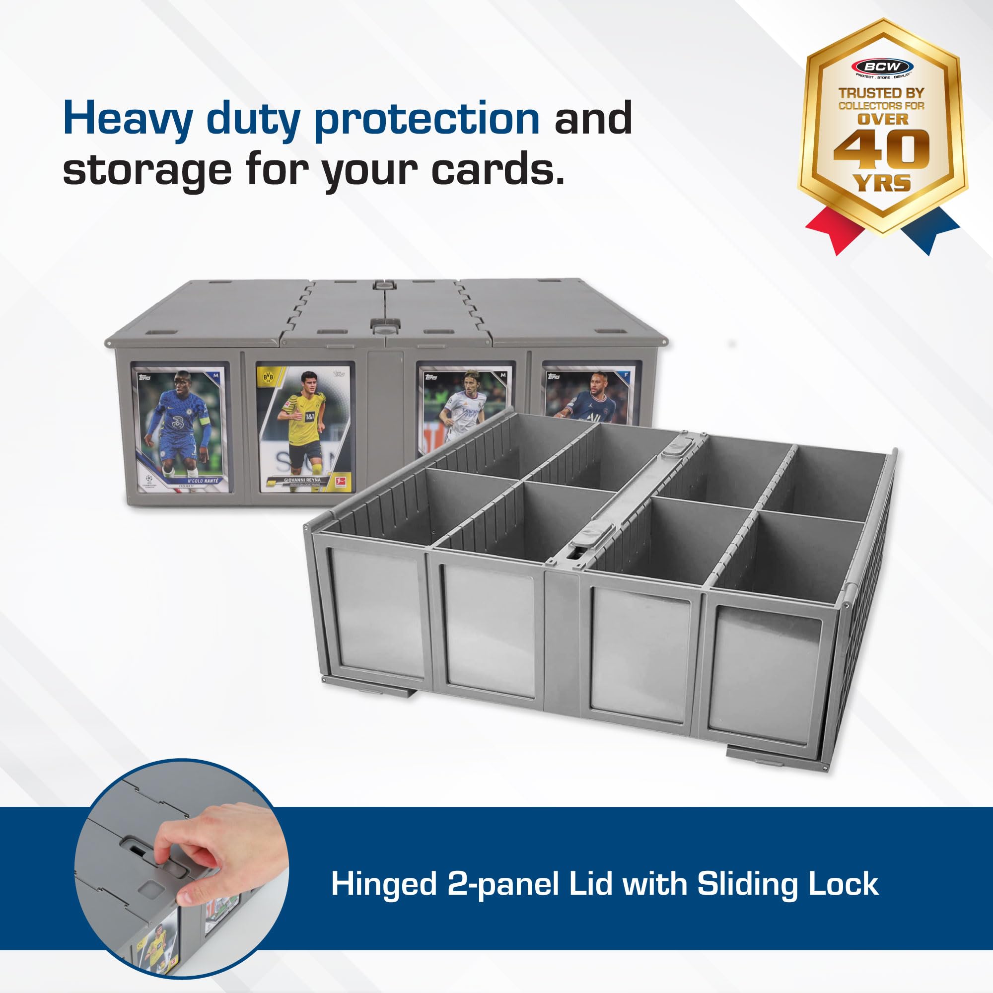 BCW 4-Pack Gray Collectible Card Storage Bin - Holds 3200 Trading Cards Each with 4 Dividers | Perfect for Pokémon Cards, Magic The Gathering MTG & Sports Cards Collection | Card Organizer for Game Nights, Tournaments & Display Storage