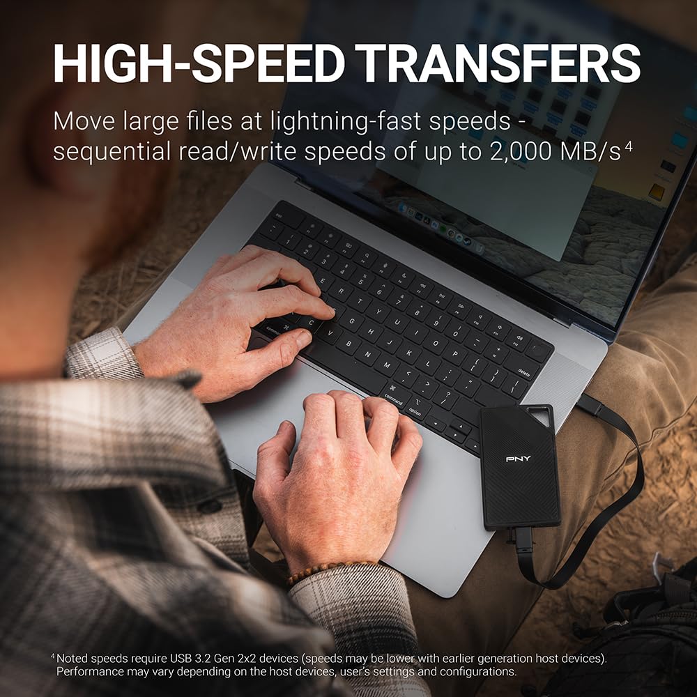 PNY RP60 1TB Portable SSD - Ultra Fast 2000MB/s USB-C 3.2 Gen2x2 External Solid State Drive - IP65 Waterproof Dustproof Shockproof - Perfect for 4K Video Editing, Gaming, Photography & Data Backup