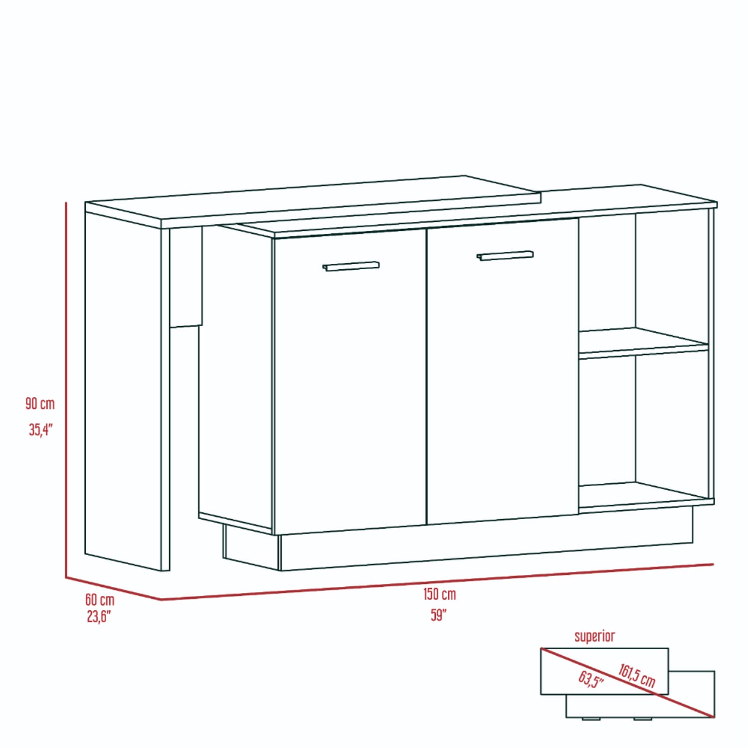 Creta Kitchen Island with Double Door Cabinets & 5 Shelves - Black/Light Oak Finish for Modern Farmhouse & Small Space Kitchen Organization