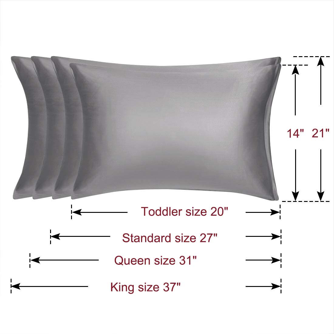 PiccoCasa Set of 4 Luxury Satin Pillowcases with Zipper - Super Silky Soft Grey Queen Size (21x31 inch) for Bedroom, Hotel & Travel - Hypoallergenic & Wrinkle Resistant