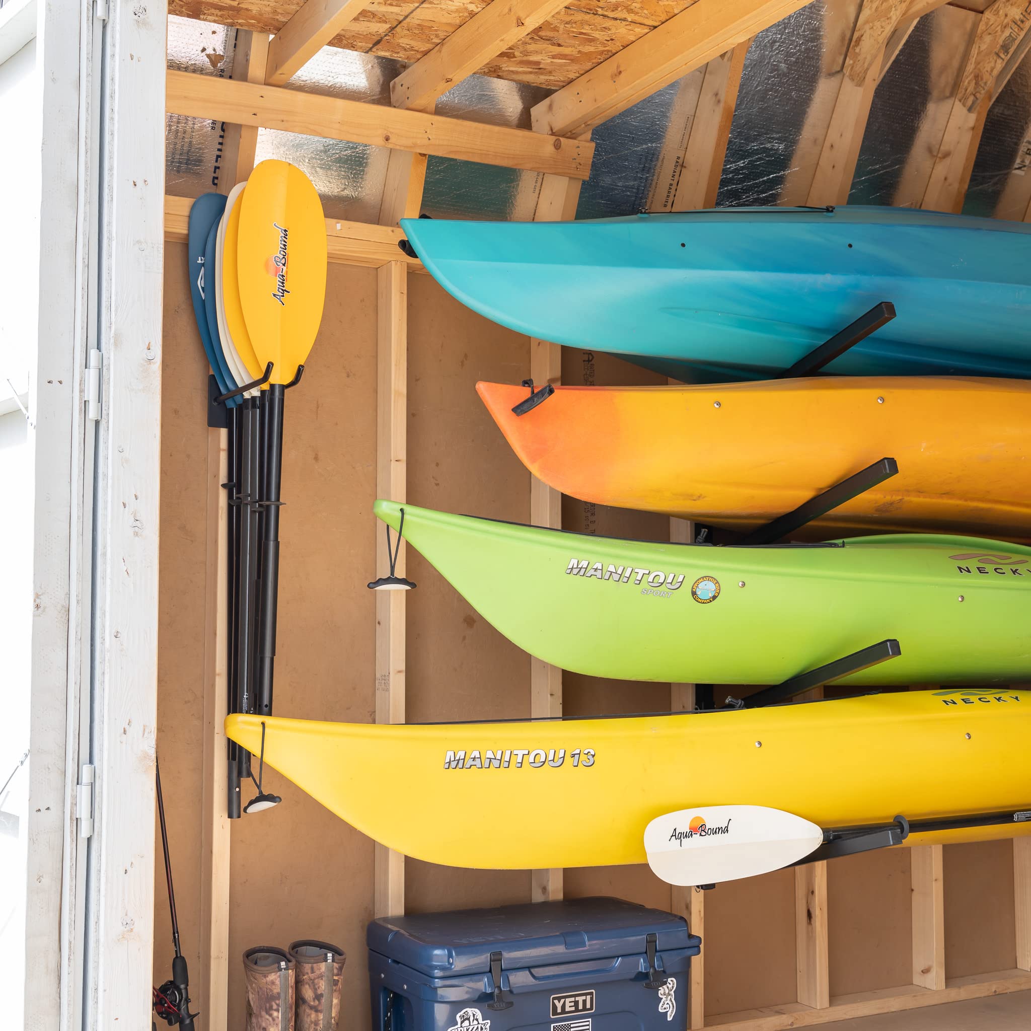 StoreYourBoard Paddle Storage Wall Rack - Kayak, SUP, Canoe Paddle Holder with Hanging Hooks - Indoor Wall Mount Organizer for Water Sports Equipment - Perfect for Garage, Basement or Boat House Storage