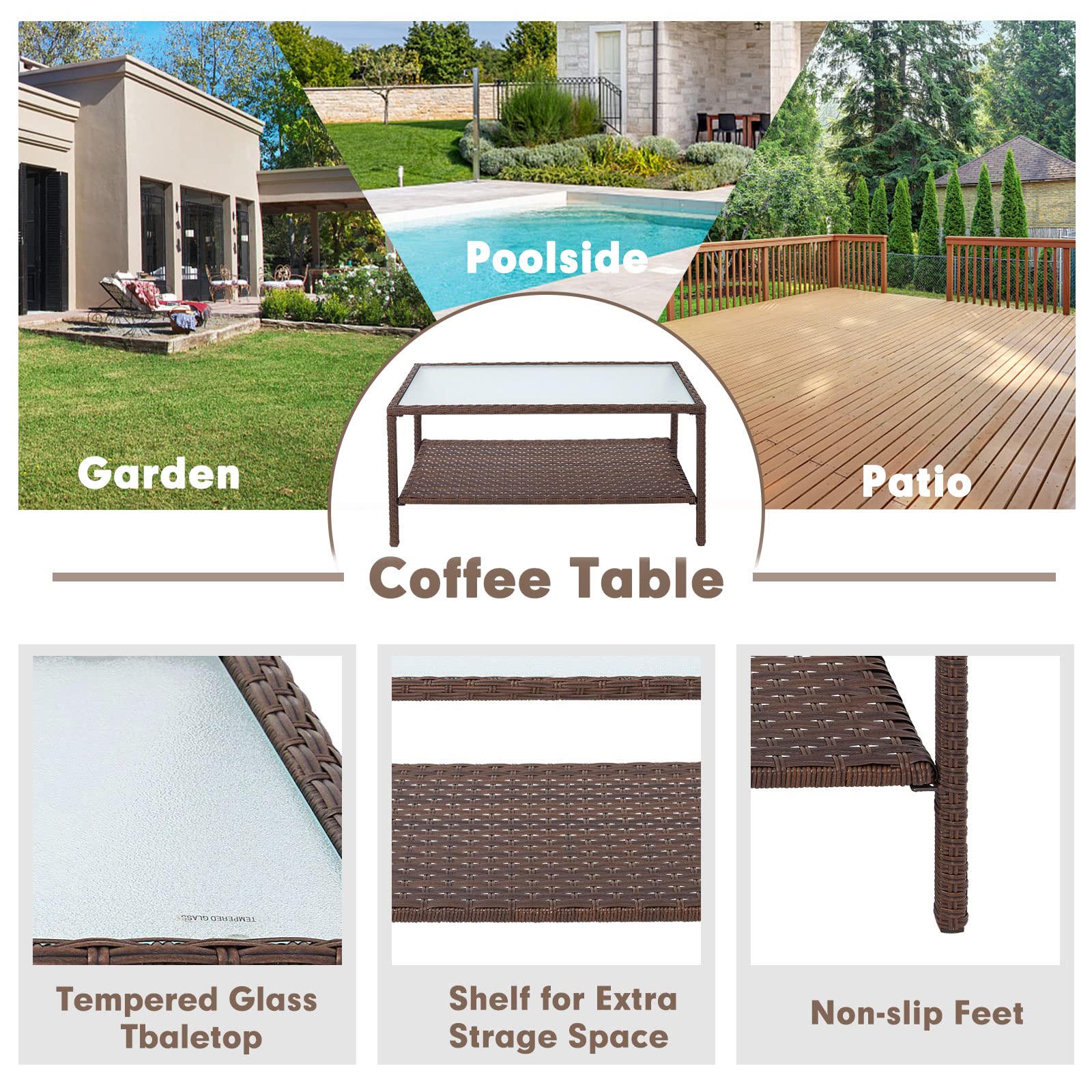 Outdoor Furniture 4-Piece Conversation Set - All-Weather Brown Wicker with Beige Cushions & Glass Coffee Table - Perfect for Patio, Garden, Poolside & Backyard Relaxation
