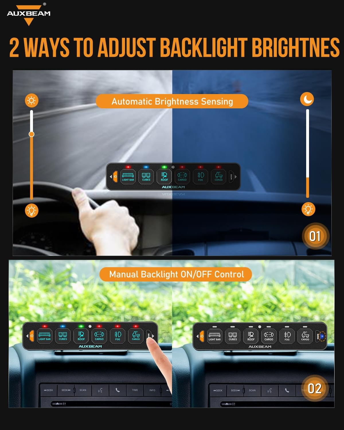 Auxbeam 6 Gang Slim RGB Switch Panel AS-R60 - 12-24V Waterproof Dimmable LED Toggle Switch Panel with Momentary Pulsed Function & Off Backlight - Perfect for Trucks, Offroad Vehicles, Boats & Marine Applications - 2 Year Warranty