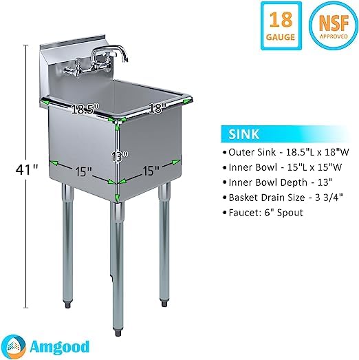 Stainless Steel Utility Sink with Single Compartment & Faucet - NSF Certified for Laundry Room, Commercial Kitchen, Garage & Workshop Use