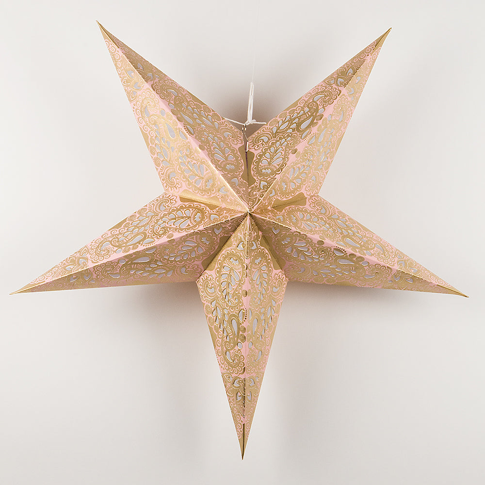 24 Gold and Pink Paisley Paper Star Lanterns - Hanging Decorative Lights for Parties, Weddings & Home Decor
